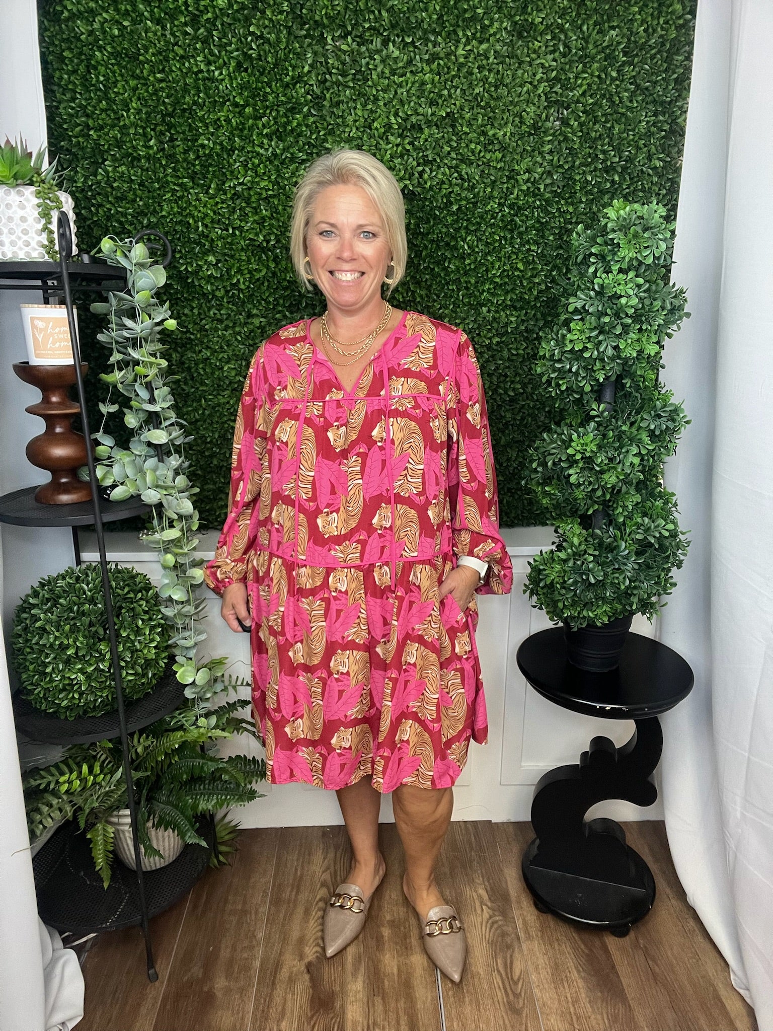 ANIMAL PRINTED WOOL TIERED DRESS - RASPBERRY