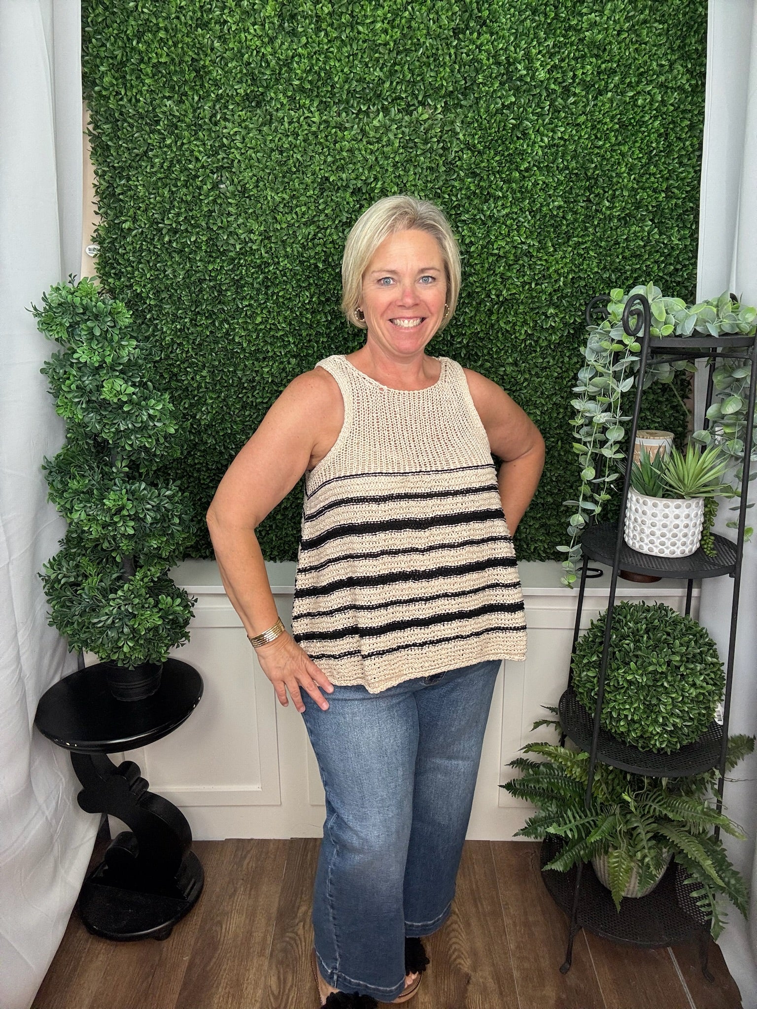 Relaxed Fit Striped Crochet Knit Tank - Oatmeal/Black