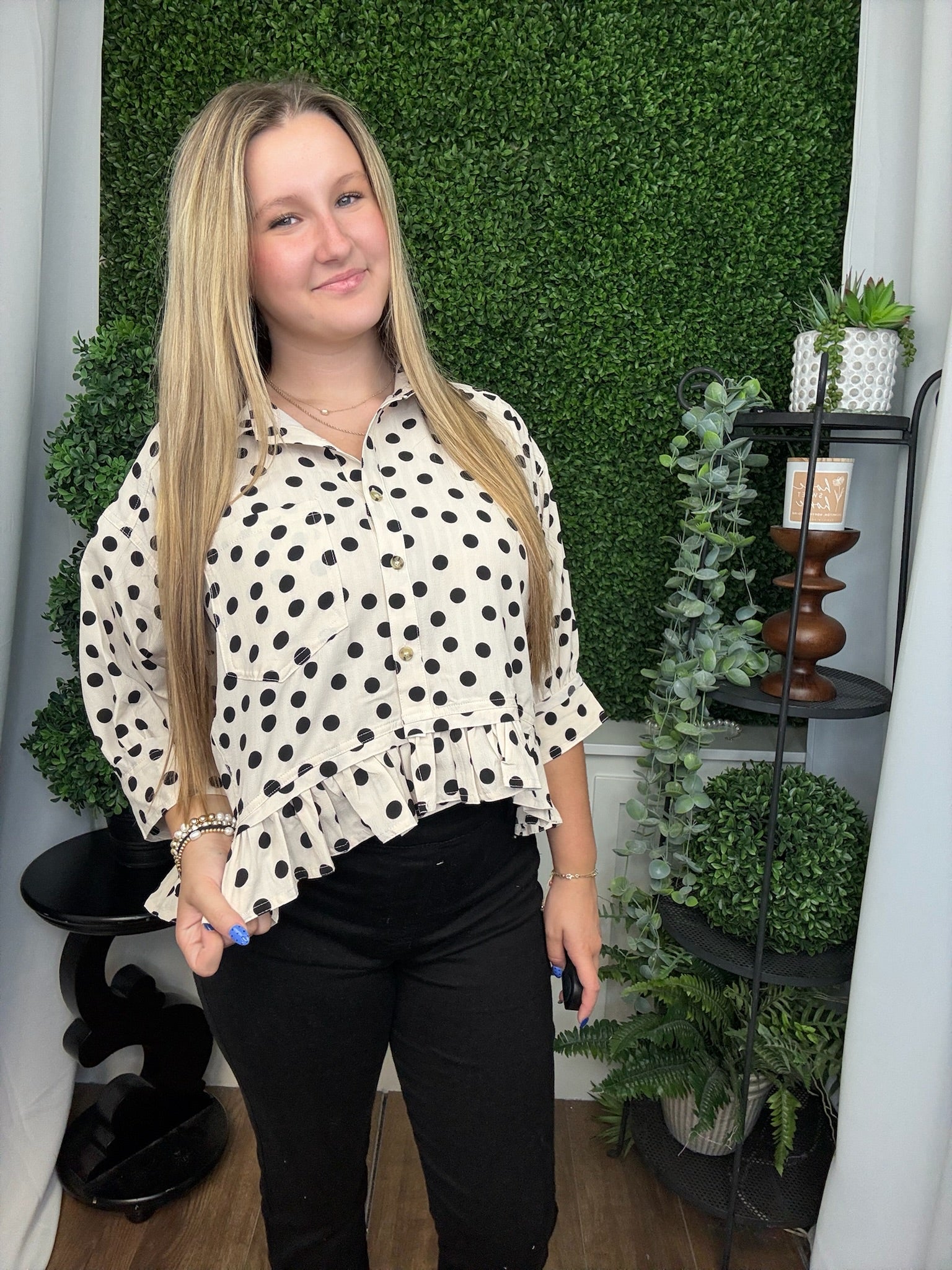 POLKA DOT PRINTED PEPLUM TOP - OFF WHITE/BLACK