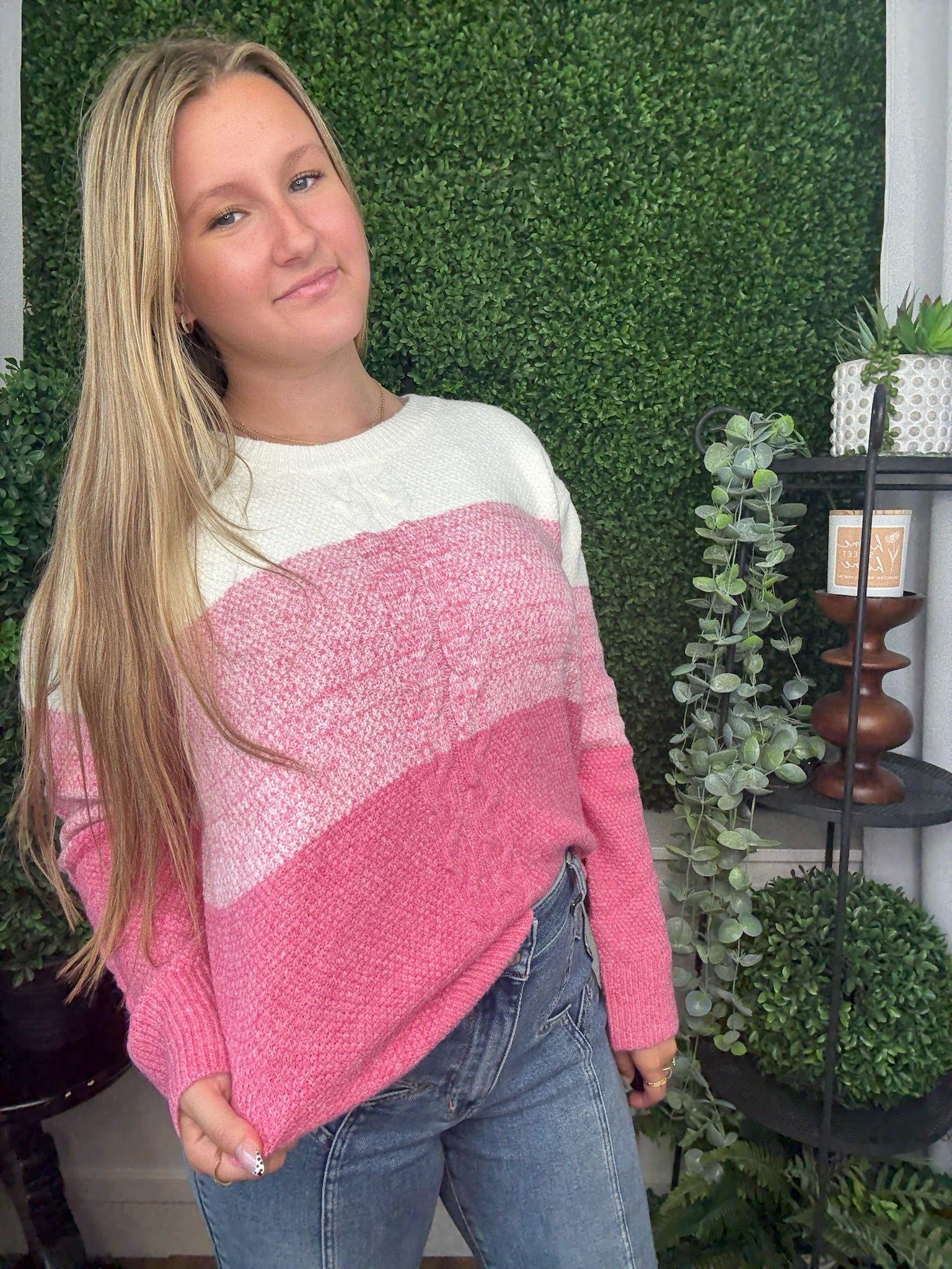 CABLE KNIT COLORBLOCK SWEATER - MAUVE COMBO