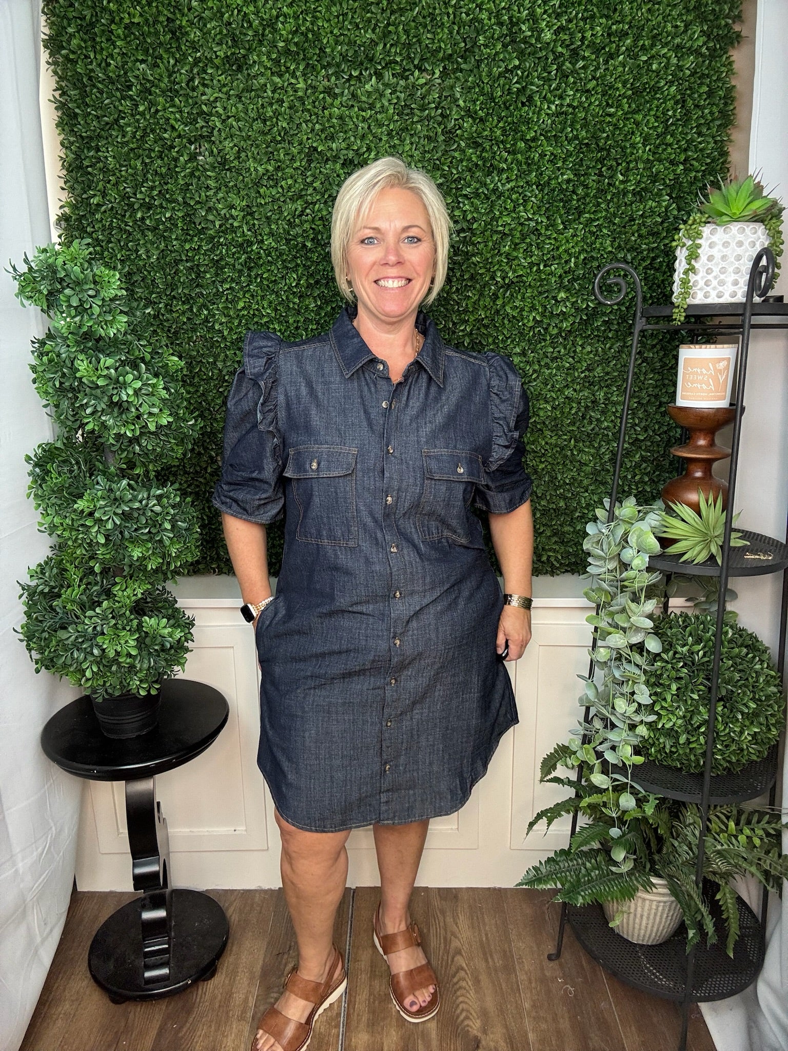 Dark Denim Ruffle Sleeve Button Down Dress