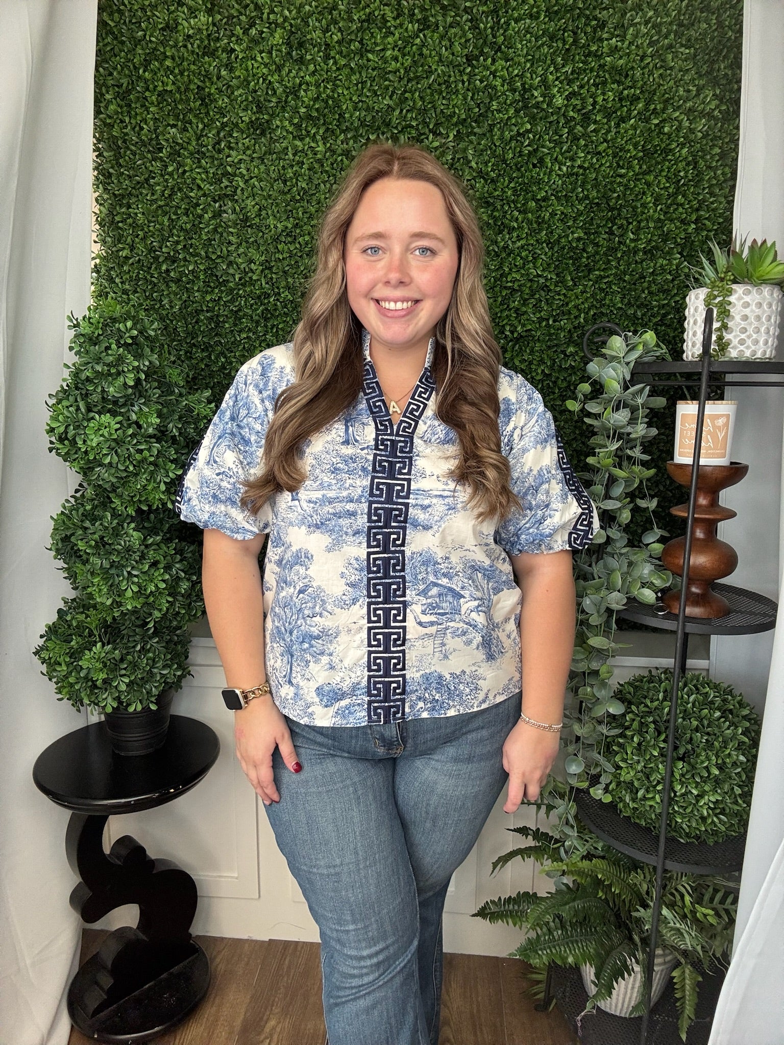 TOILE PRINT SHORT PUFF SLEEVE TOP - NAVY