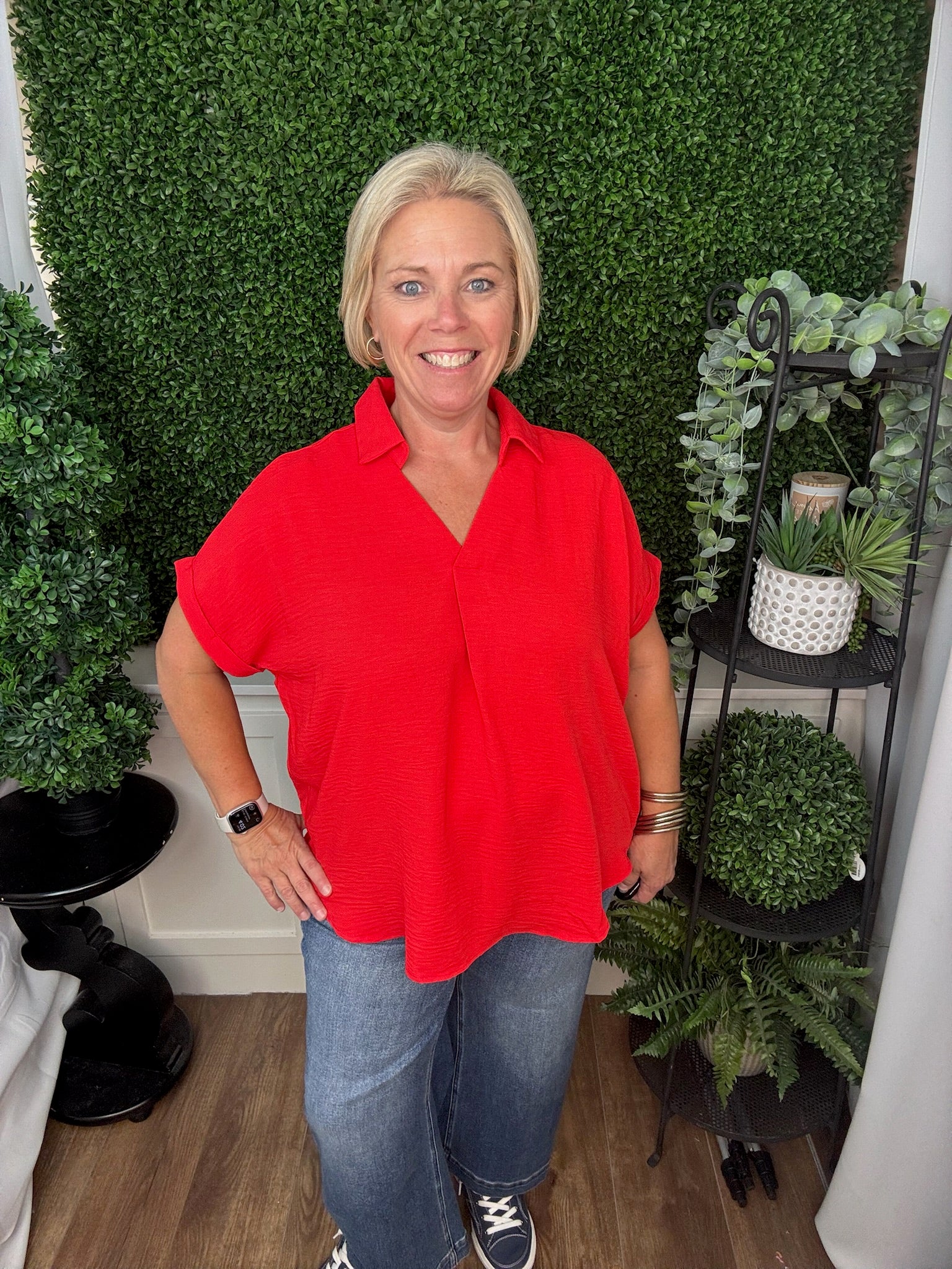 GAME DAY - DROP SHOULDER COLLARED WOVEN TOP - RED/TRUE PURPLE