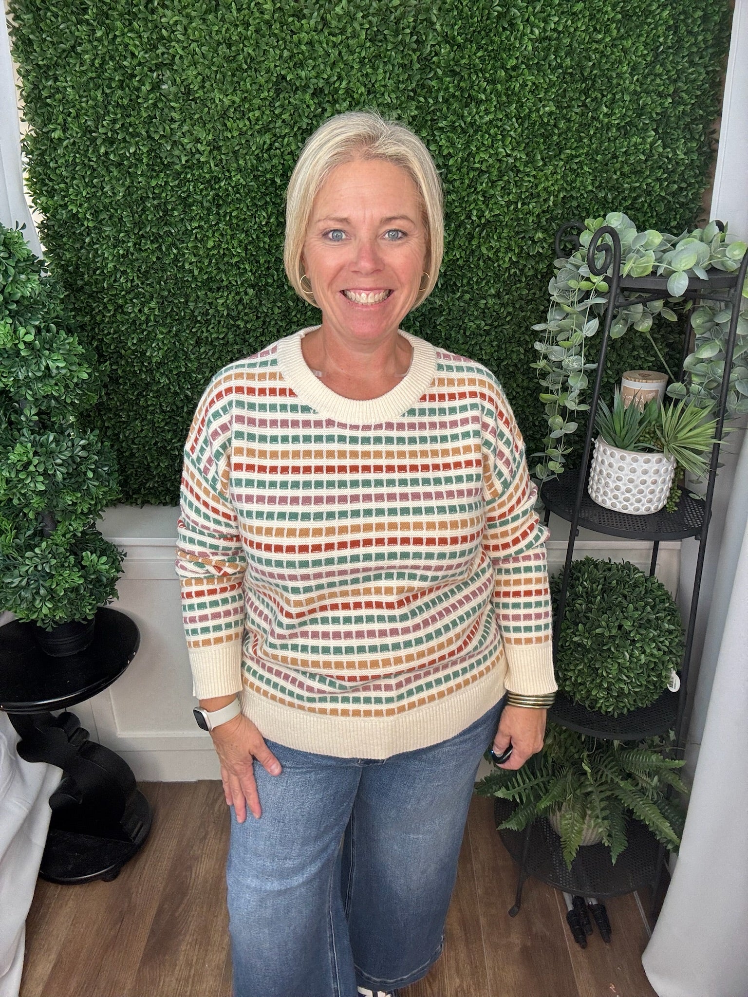 Multicolor Textured Stripe Long Sleeve Crew Neck Sweater