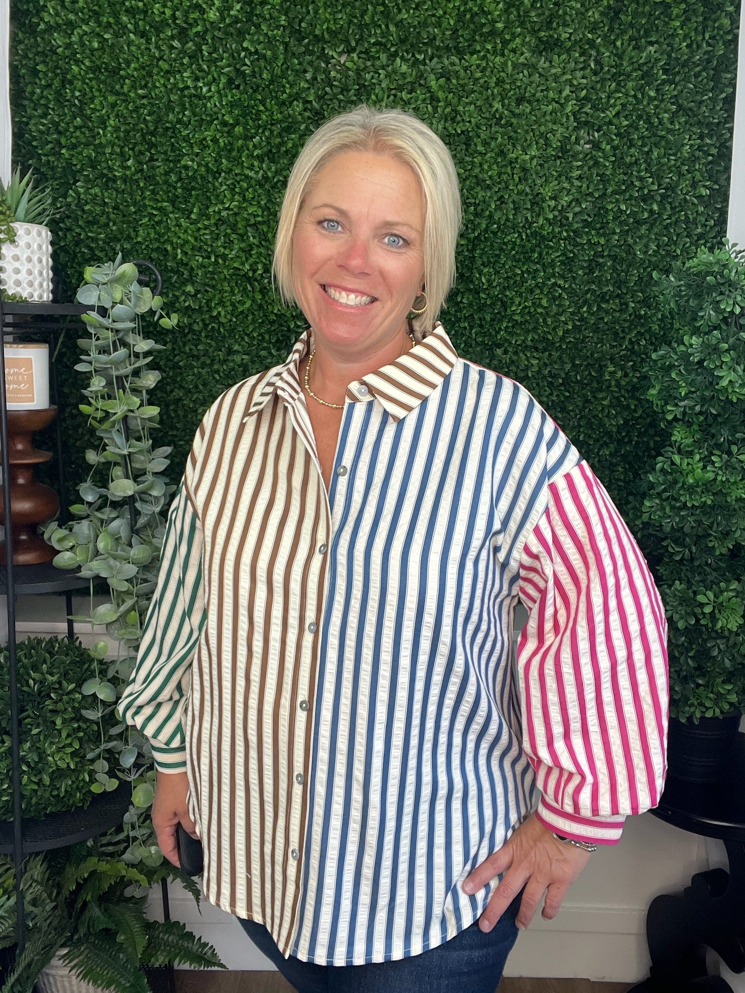 COLORBLOCK STRIPE PATTERN 3/4 SLEEVE BUTTON DOWN TOP - BROWN COMBO