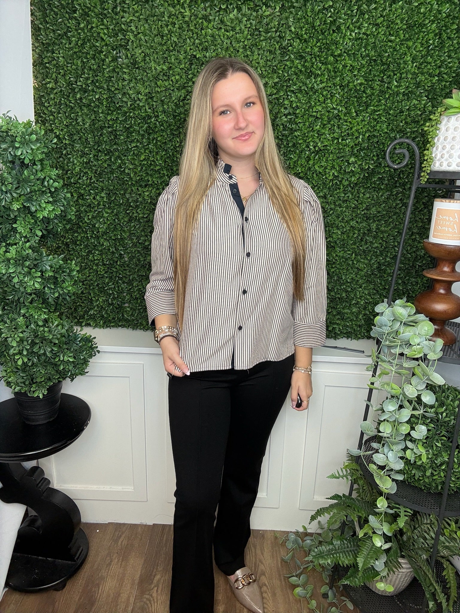 STRIPED 3/4 SLV BUTTON UP TOP - DARK NAVY