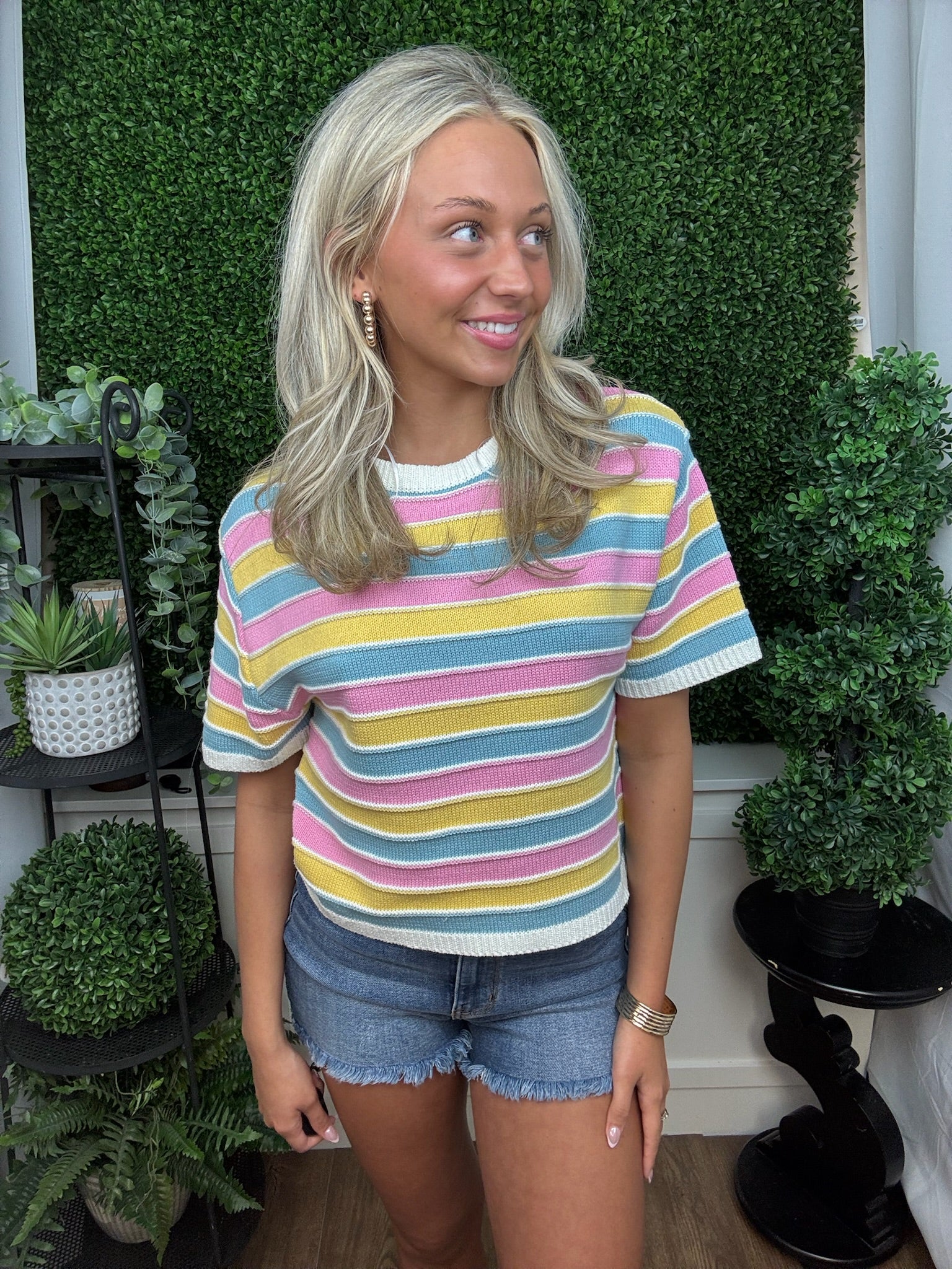 SS HORIZONTAL STRIPE KNIT TOP - IVORY/PINK