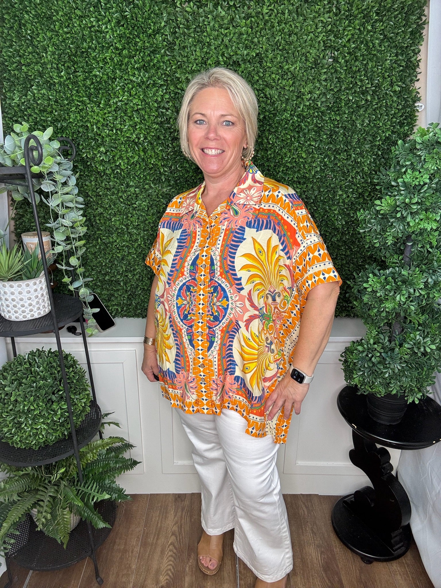 BUTTON FRONT SCARF PRINT PONCHO TOP - MULTI
