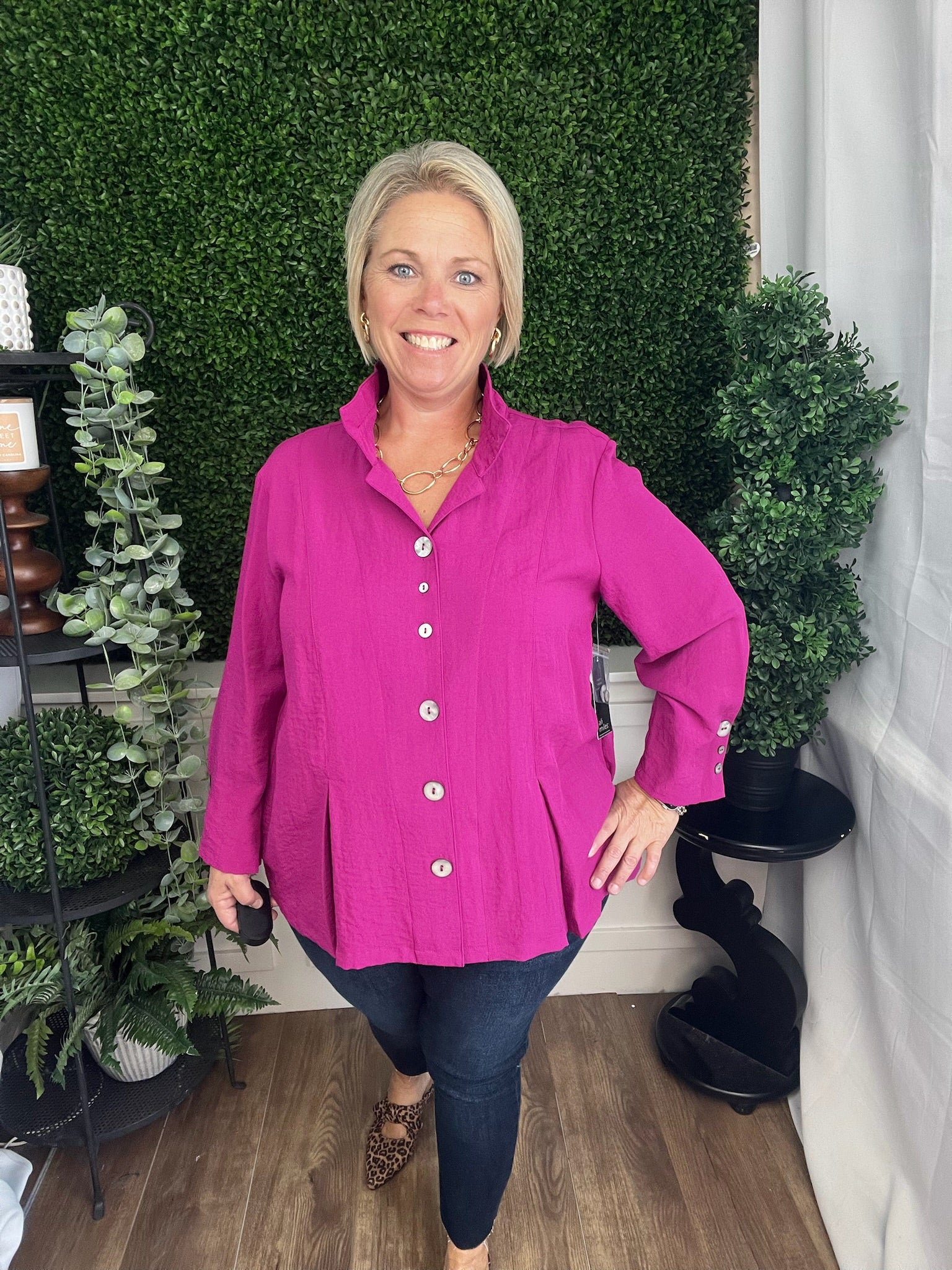 WOVEN BUTTON FRONT TUNIC 3/4 SLEEVE - MAGENTA