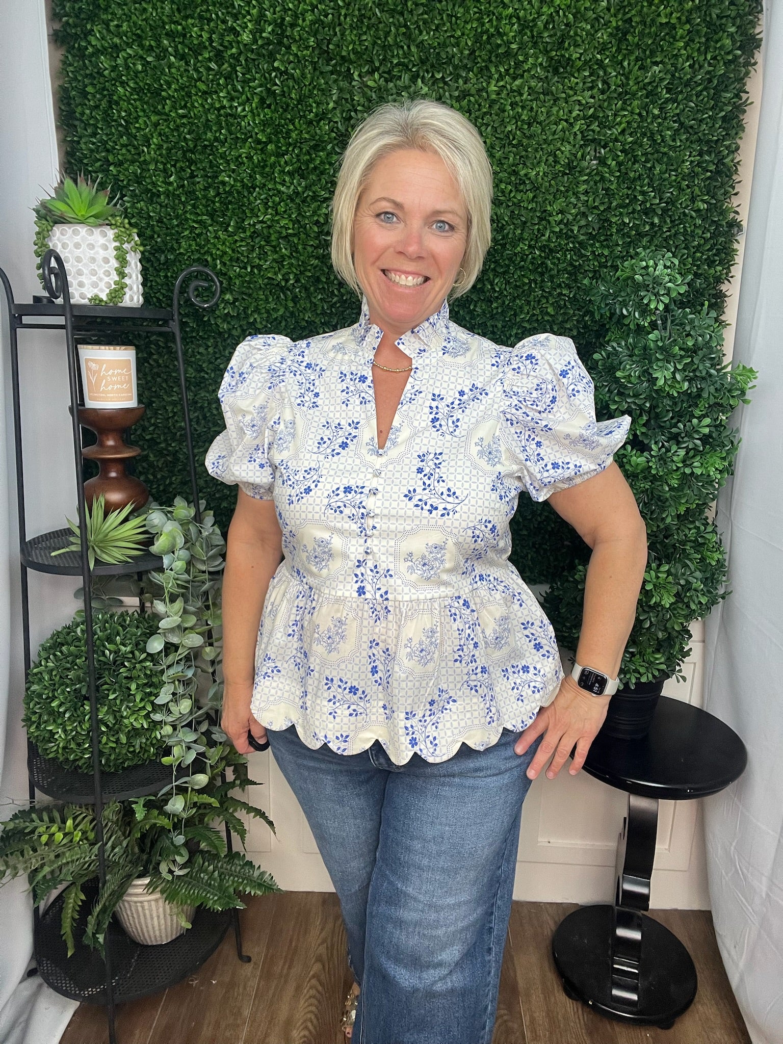 Blue & Ivory Garden Toile Peplum Blouse