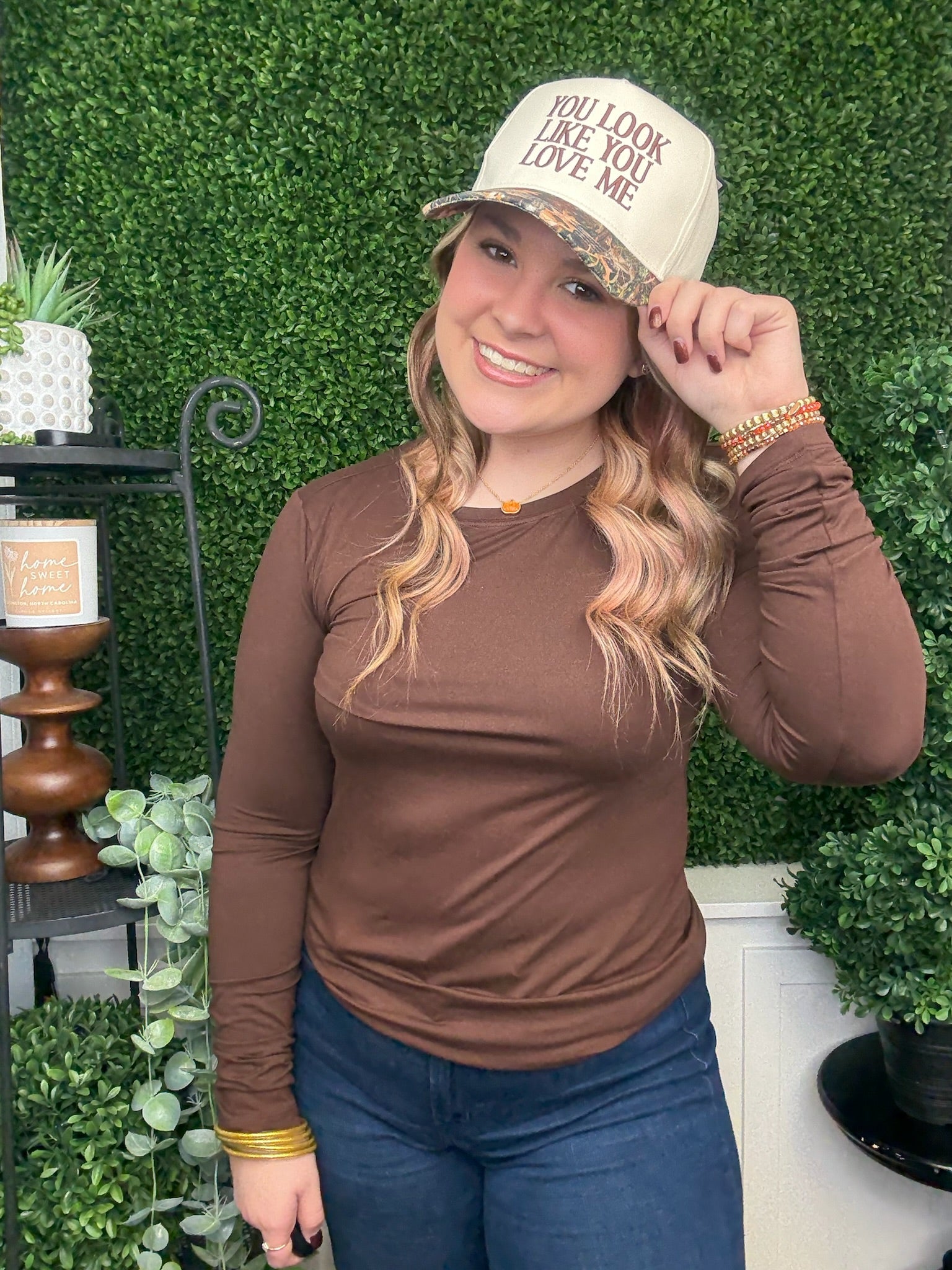 YOU LOOK LIKE YOU LOVE ME EMBROIDERED CAMO TRUCKER