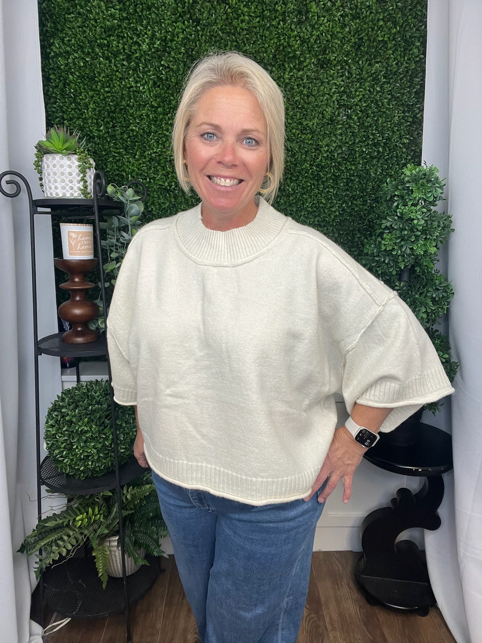 MARLED KNIT MOCK NECK SS SWEATER - IVORY