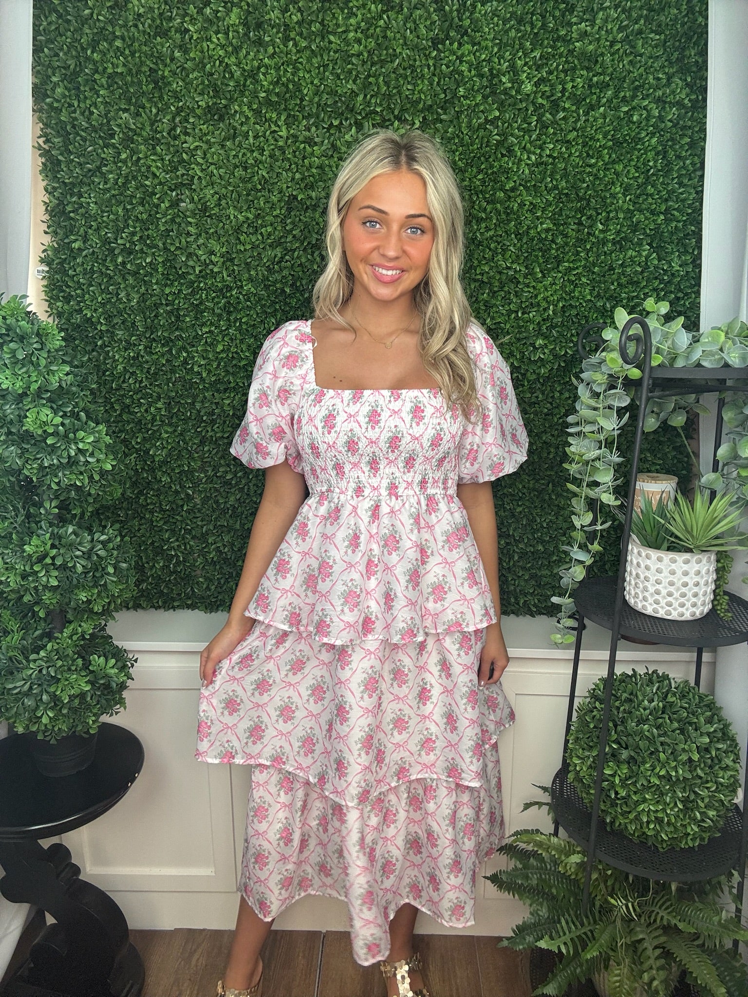 Floral Printed Bubble Sleeve Tiered Midi Dress