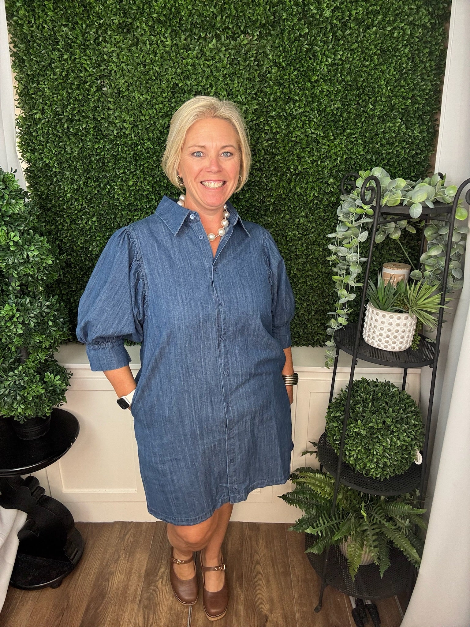 BUTTON DOWN PUFF SLEEVE MINI DRESS - DENIM