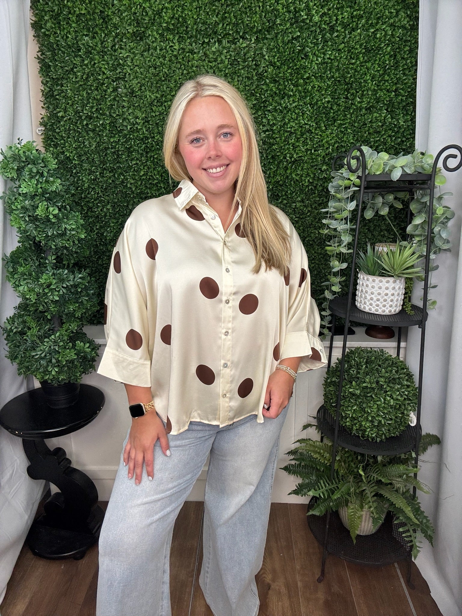 POLKA DOT BUTTON FRONT BLOUSE - BURGUNDY/CREAM