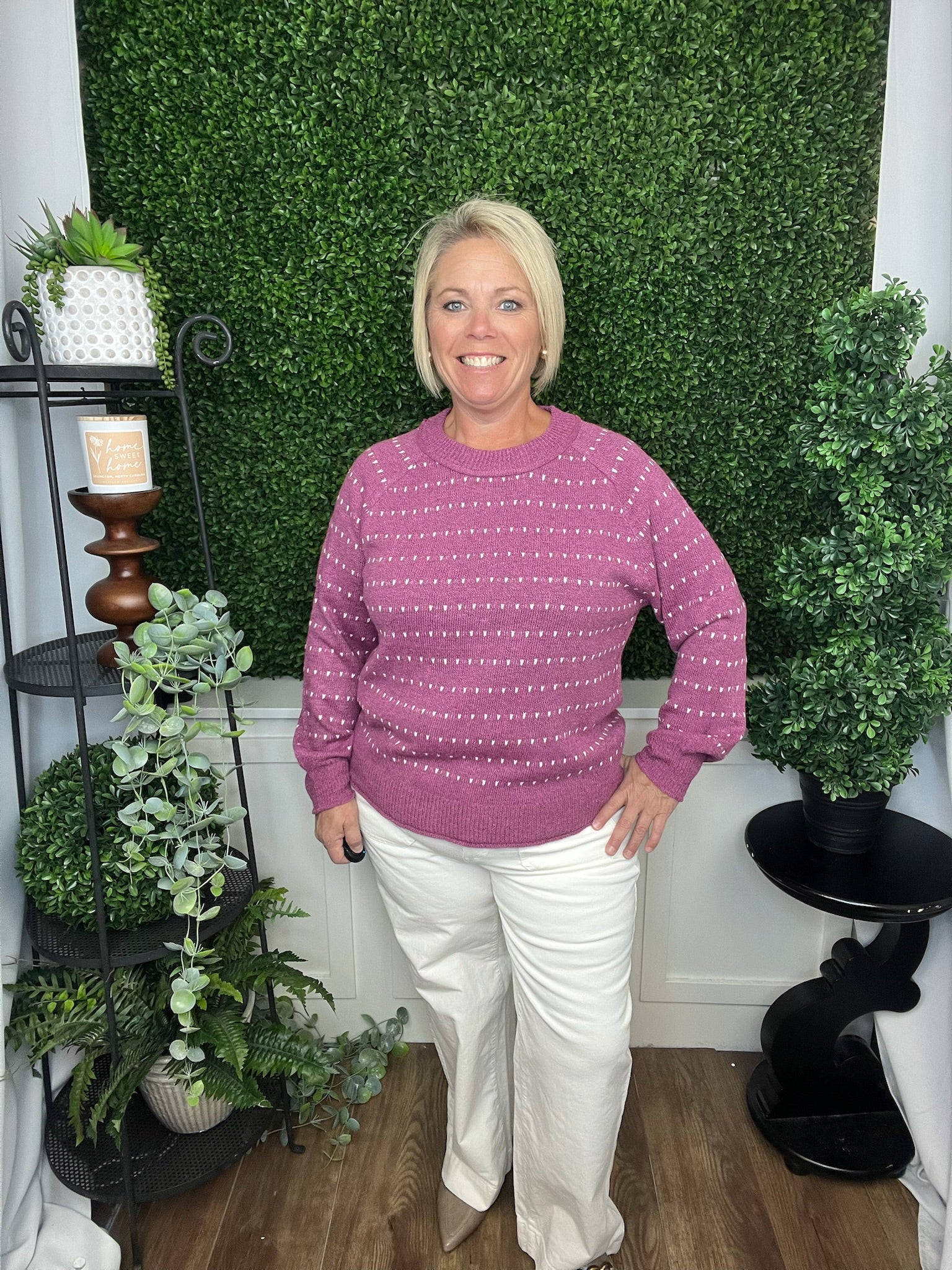 DOTTED STRIPED PULLOVER SWEATER - MAGENTA