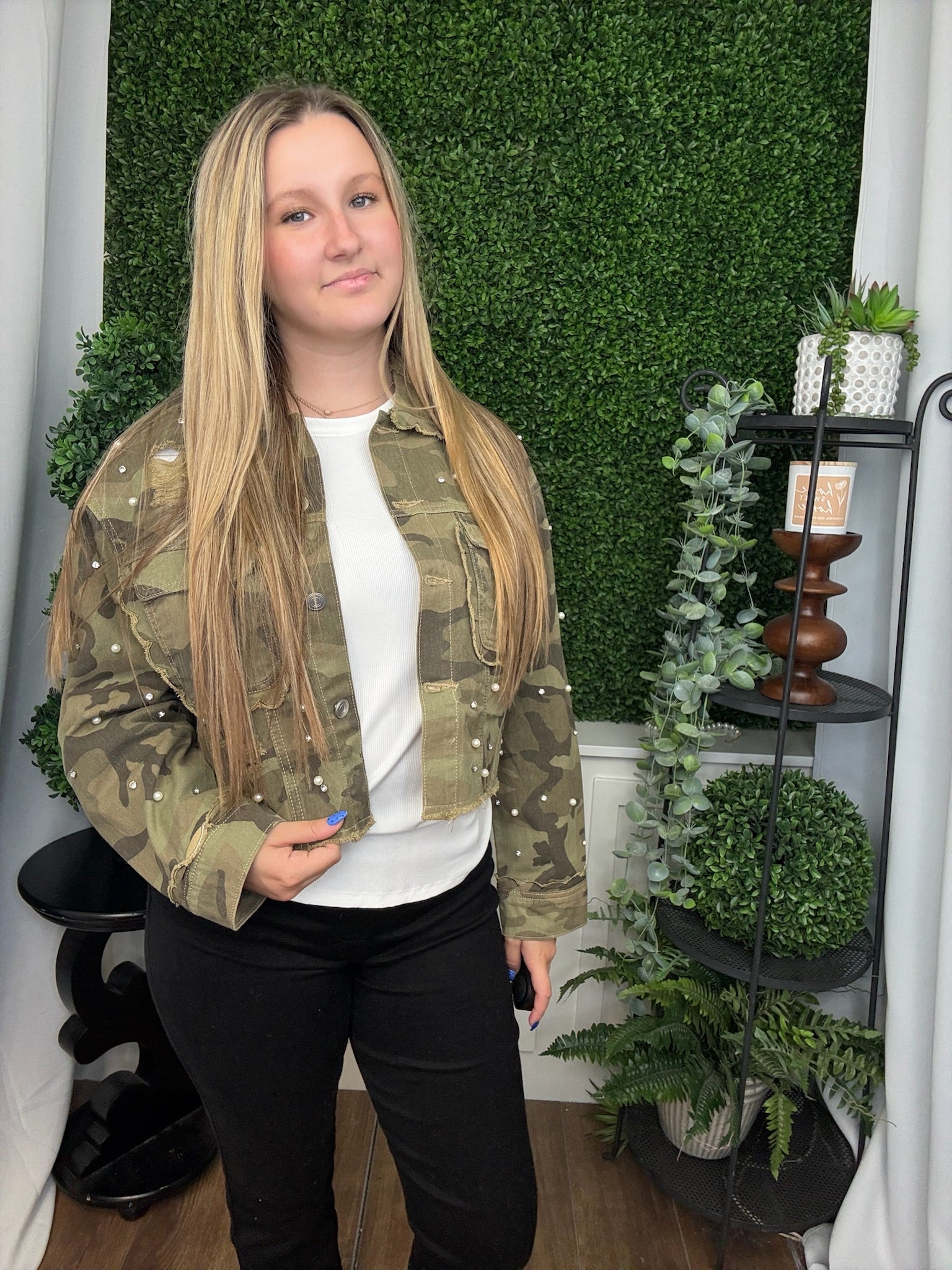 SCALLOP DETAILED GLITZY DENIM JACKET - CAMO