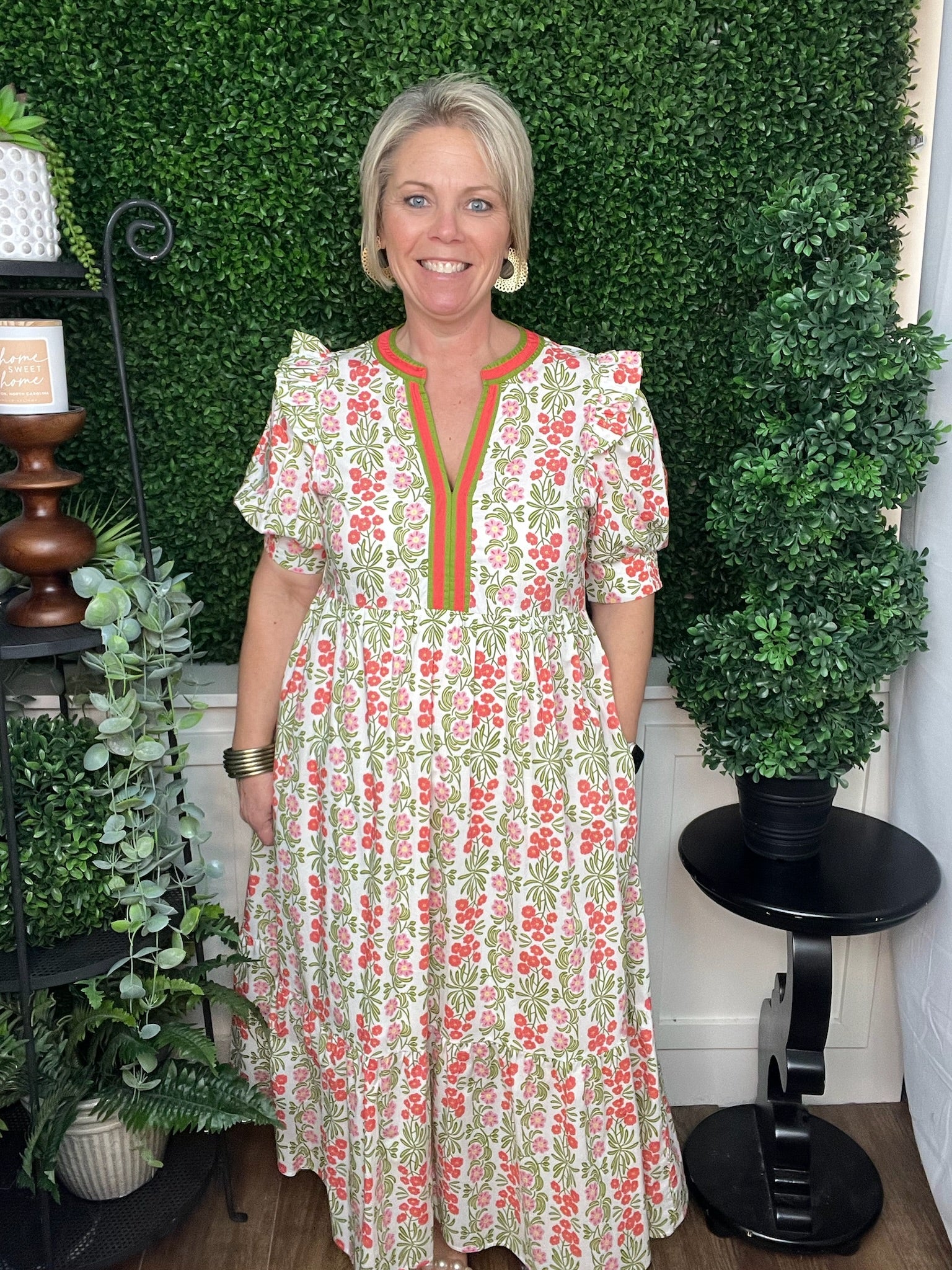 Coral Puff Sleeve maxi floral dress