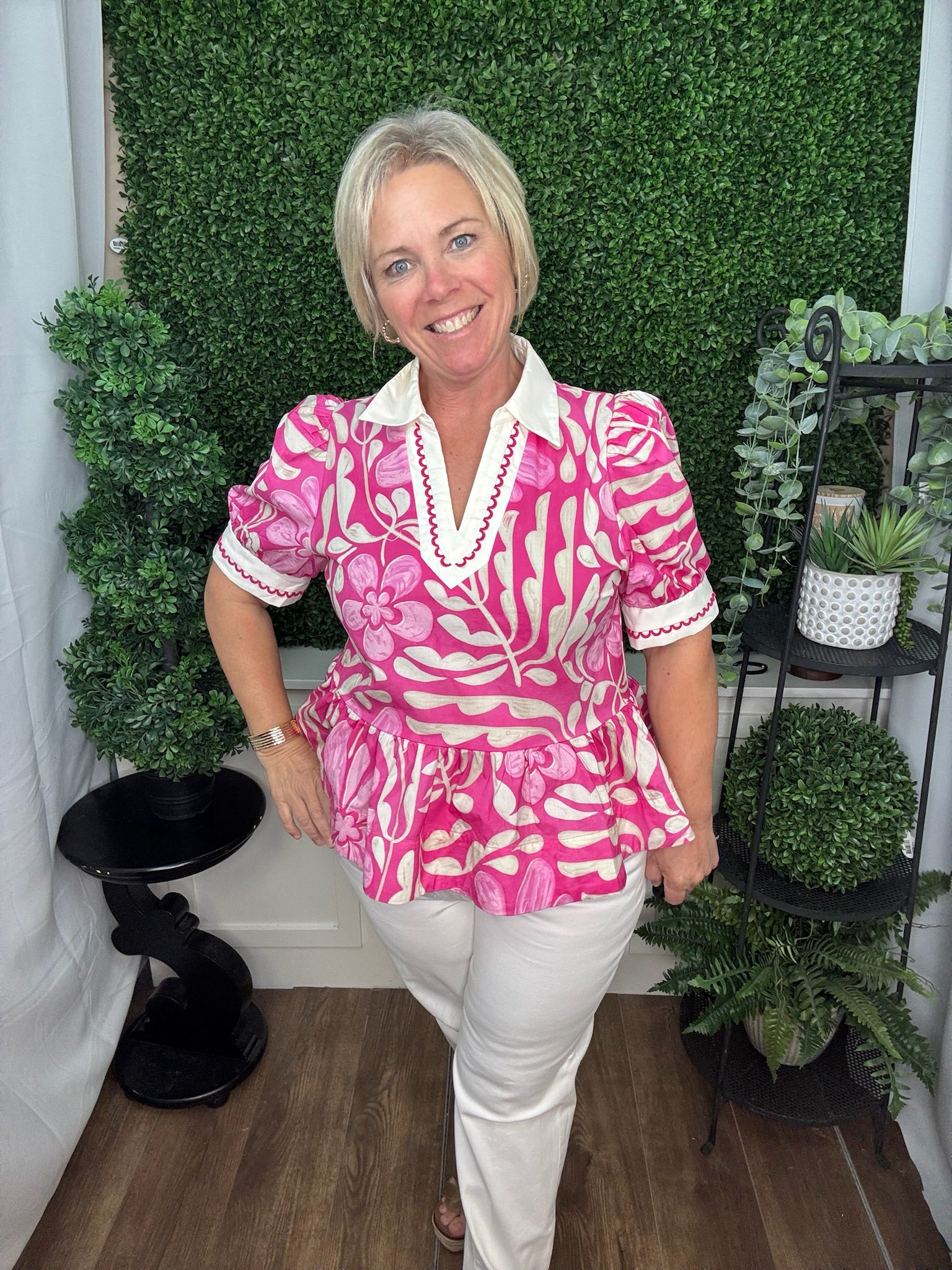 Floral Peplum Blouse with Contrast Collar