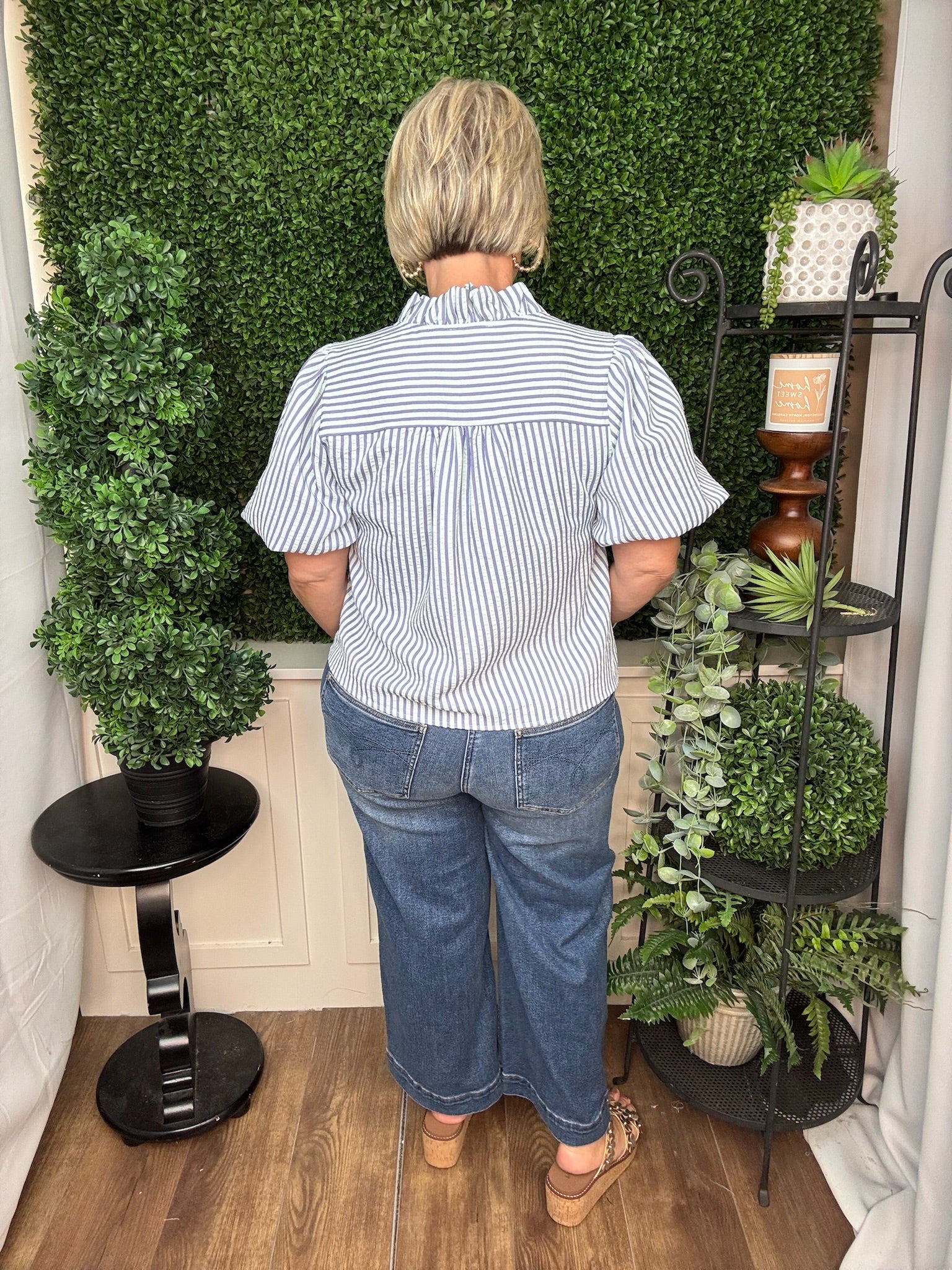 Seafom Stripe Ruffle Front Blouse