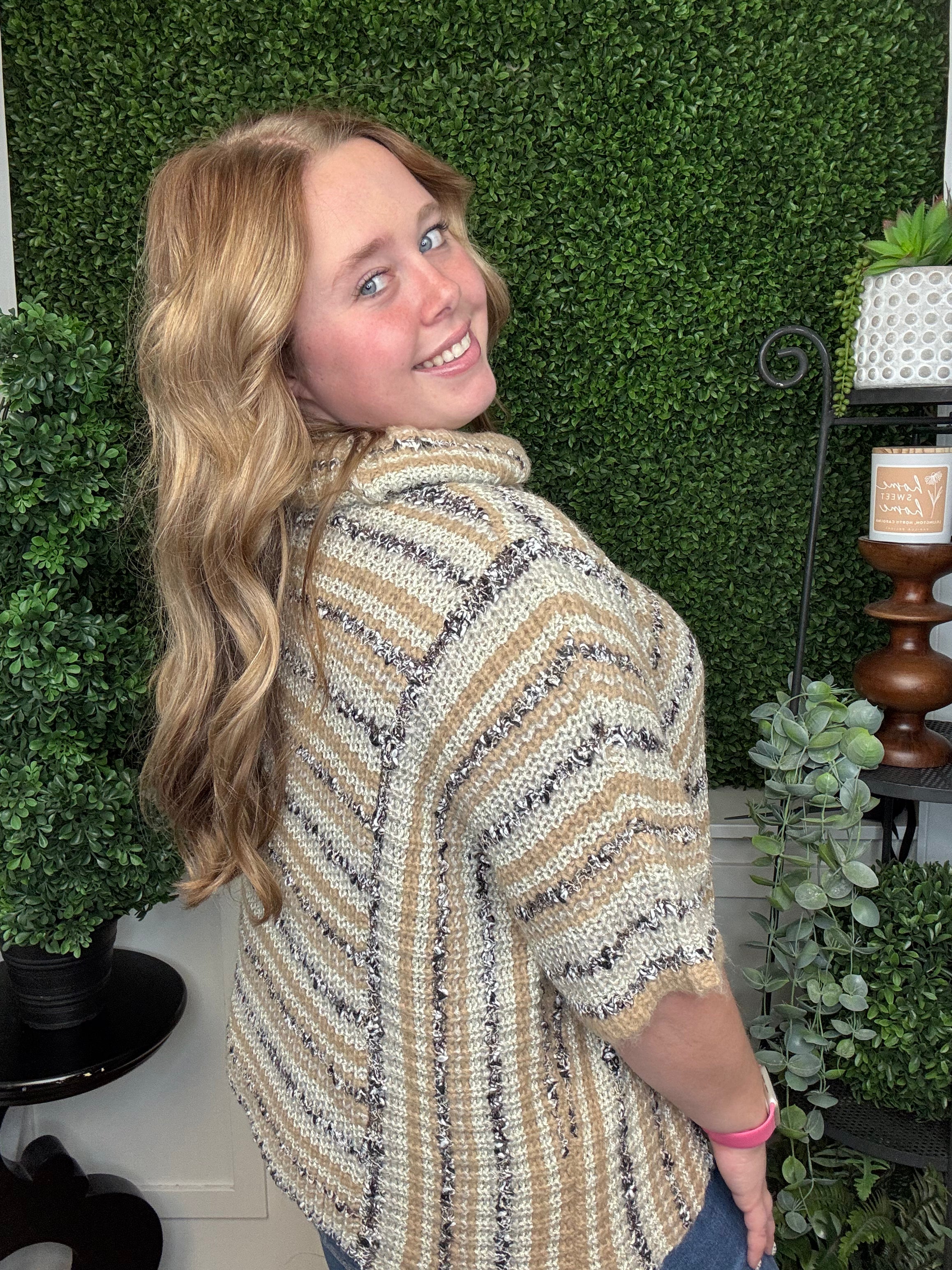 STRIPED BOUCLE SS TURTLENECK SWEATER - OATMEAL