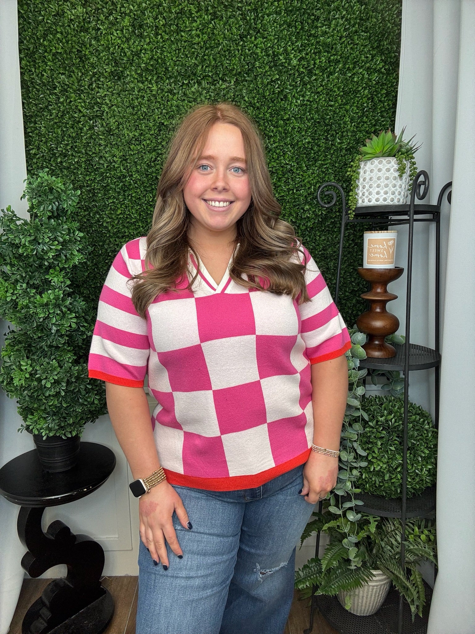 CHECK PATTERN CASUAL SWEATER TOP - HOT PINK