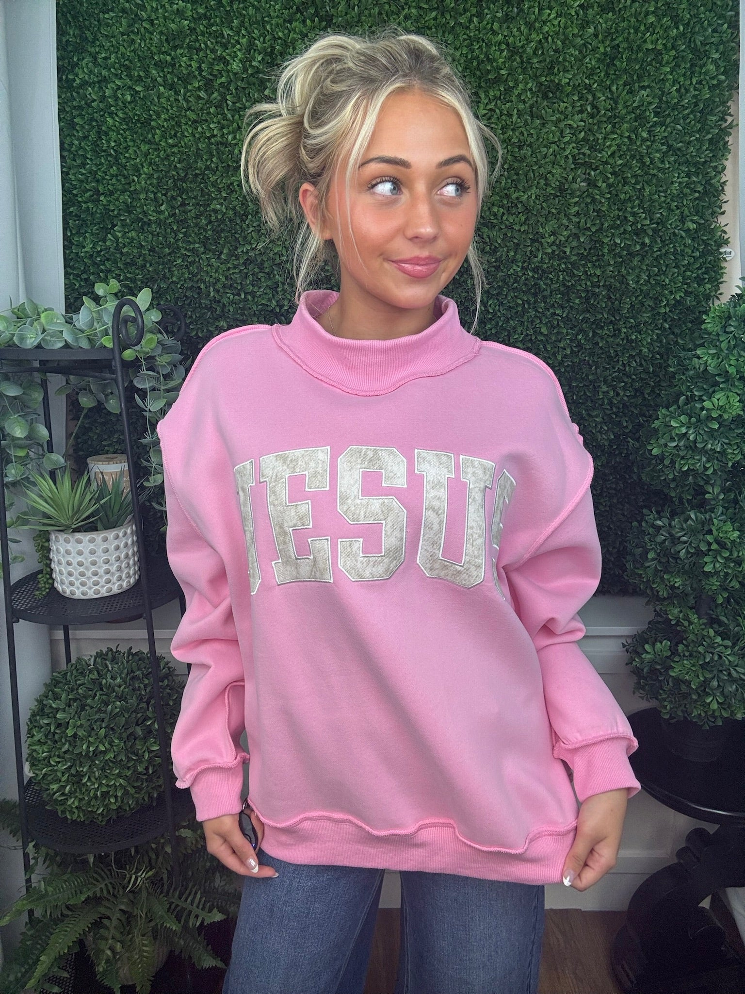 Jesus Graphic Mock Neck Pullover – Pink/Camo