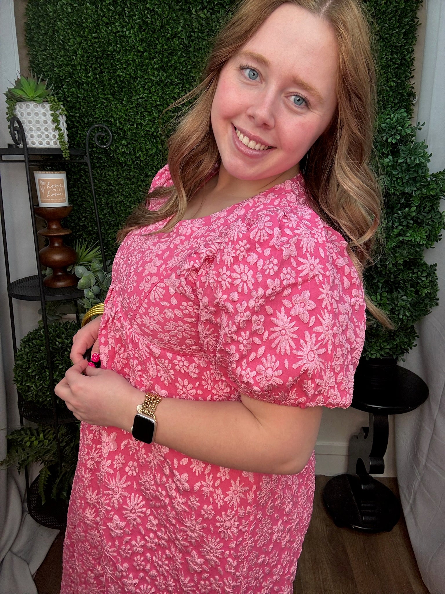 Rosette Bloom Puff Sleeve Midi Dress