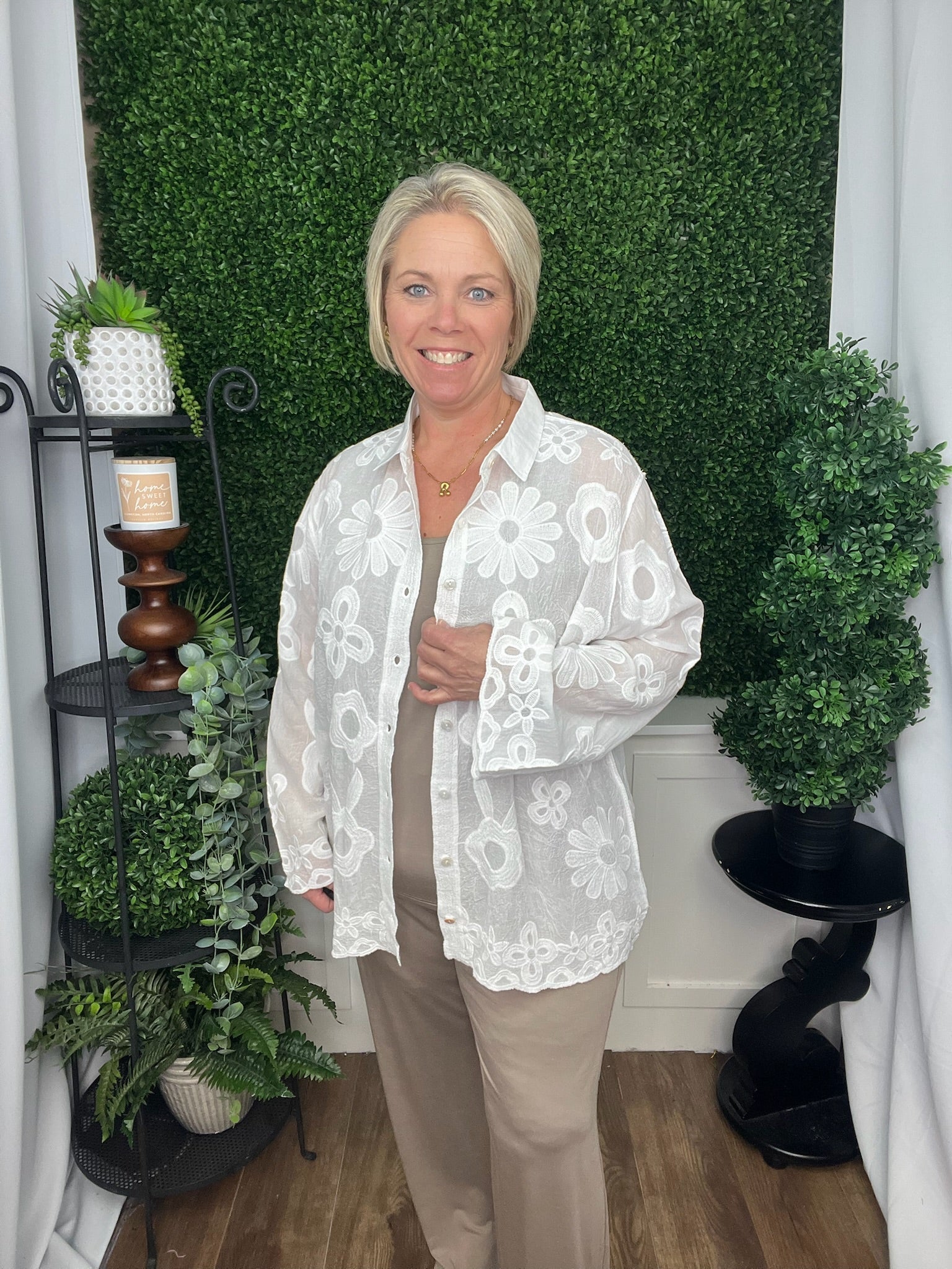 CHARLENE BUTTON FRONT EMBROIDERED TOP - WHITE