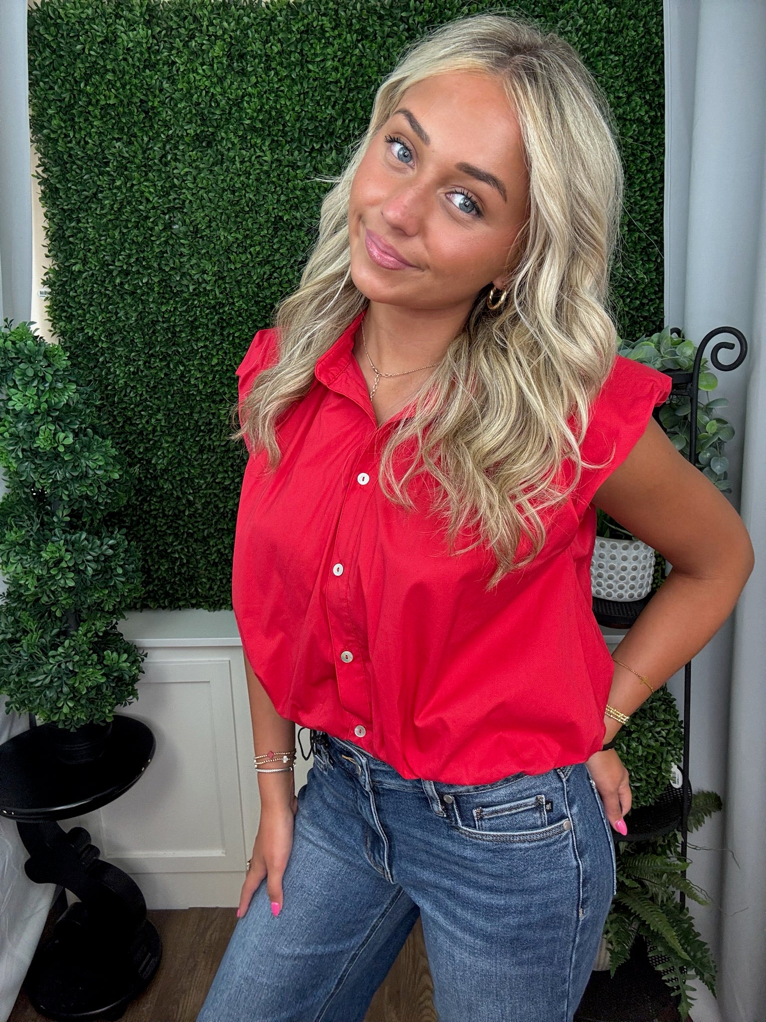 Crimson Sculpted Puff Sleeve Blouse