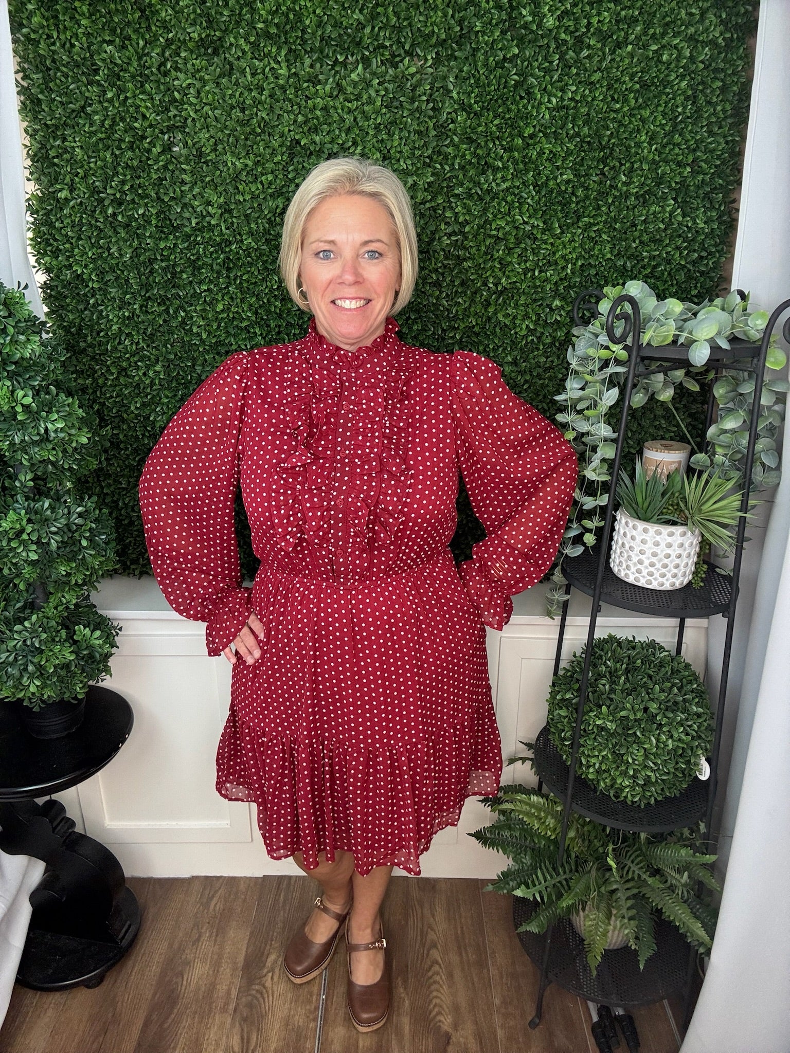LONG RUFFLED BUTTON DOWN POLKADOT WOVEN MINI DRESS - RED