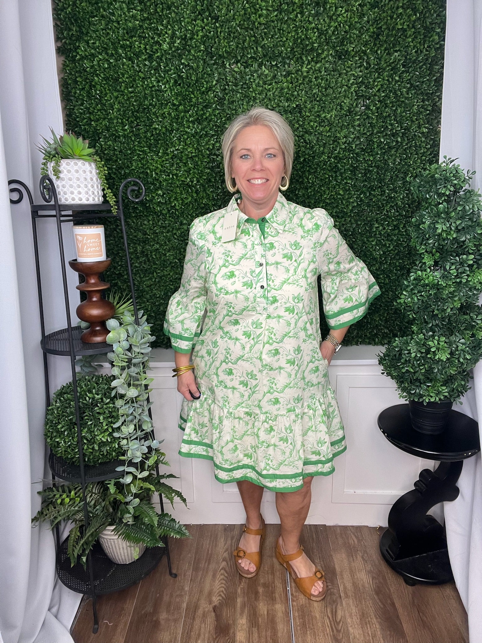 Floral dress with green trim