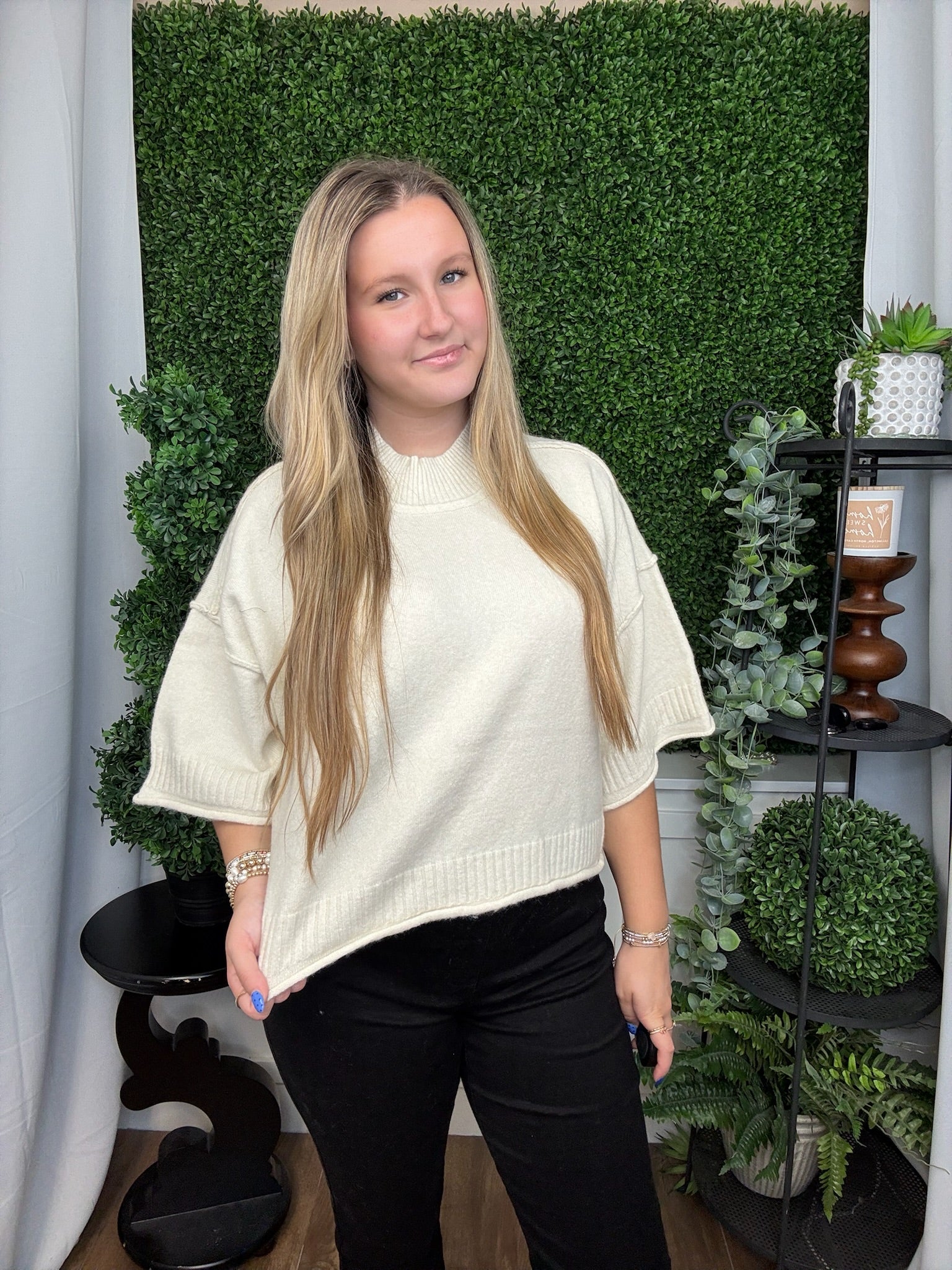 MARLED KNIT MOCK NECK SS SWEATER - IVORY