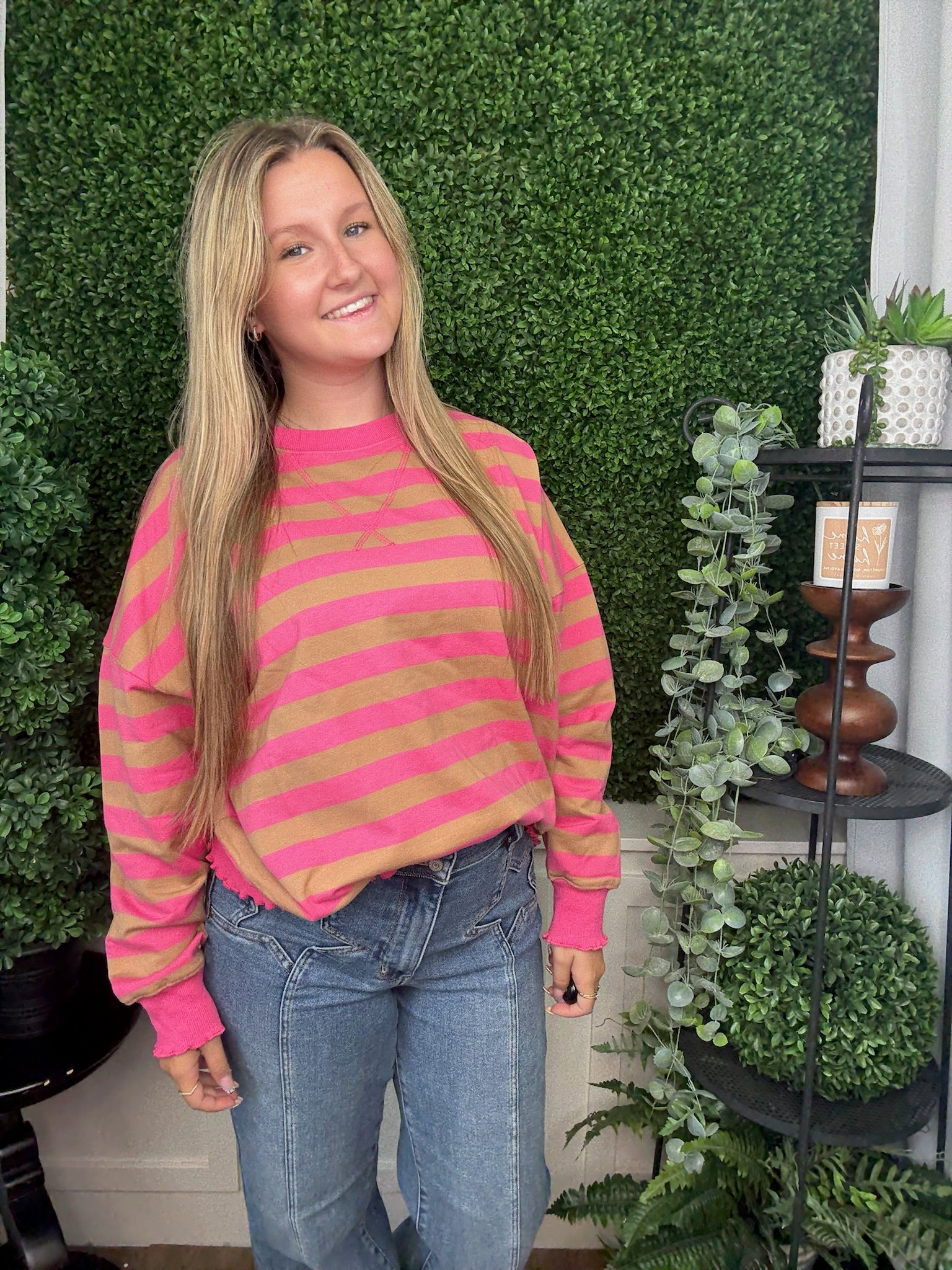 COLOR BLOCK STRIPED LETTUCE HEM DETAIL - PINK/TAUPE