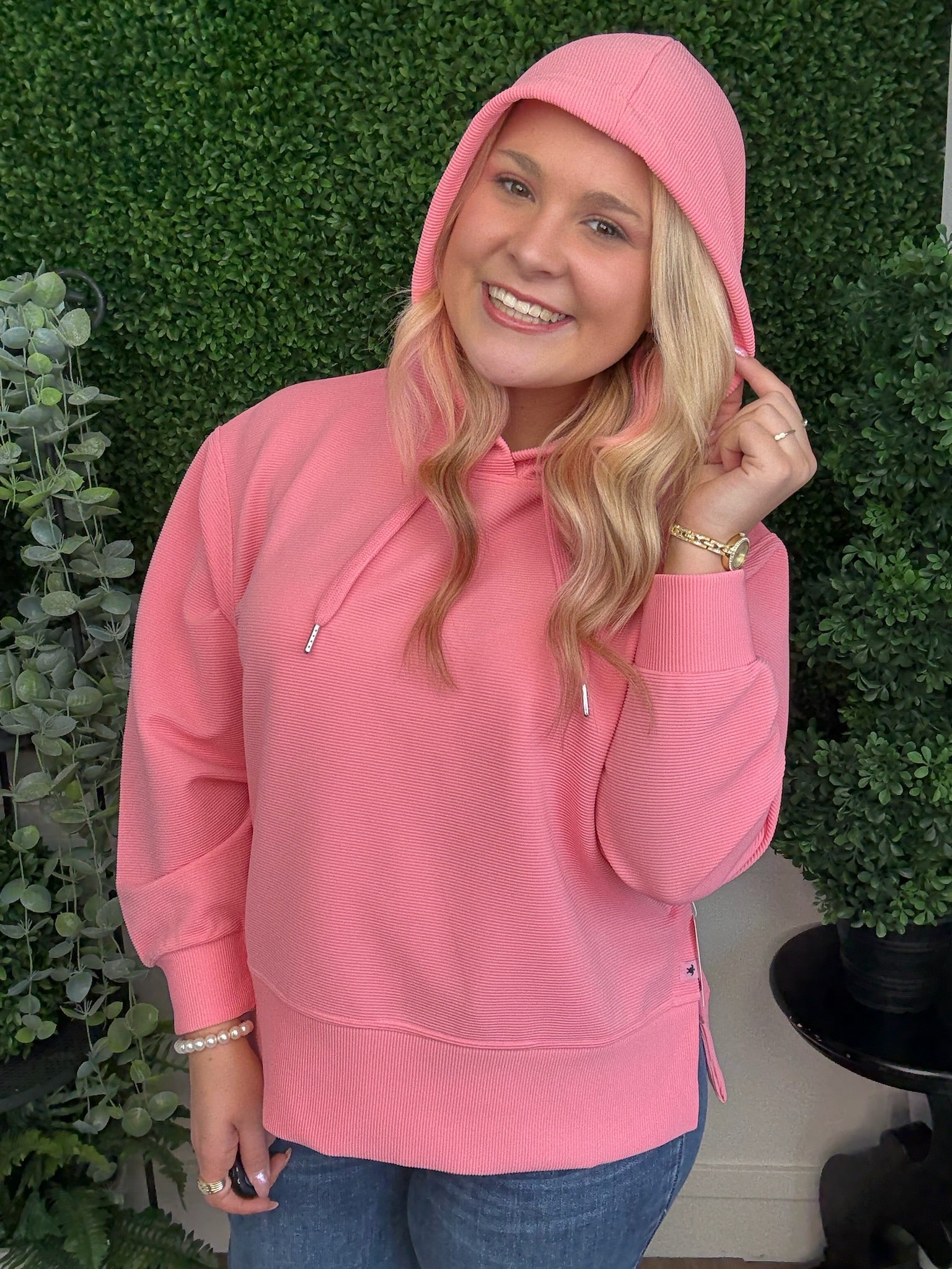 RIBBED HOODED PULLOVER - PETAL