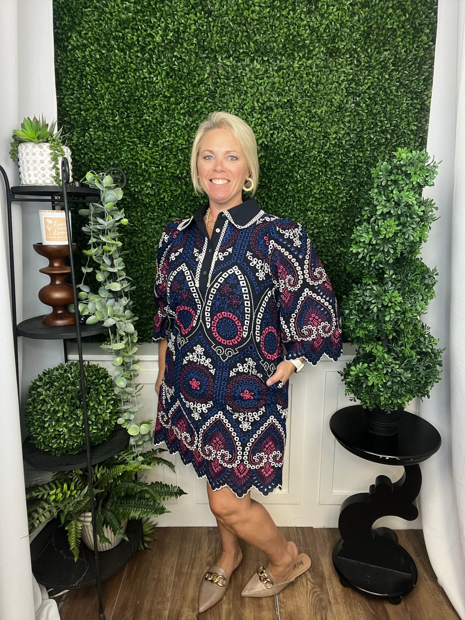 EMBROIDERED EYELET HALF SLEEVE MINI DRESS - NAVY