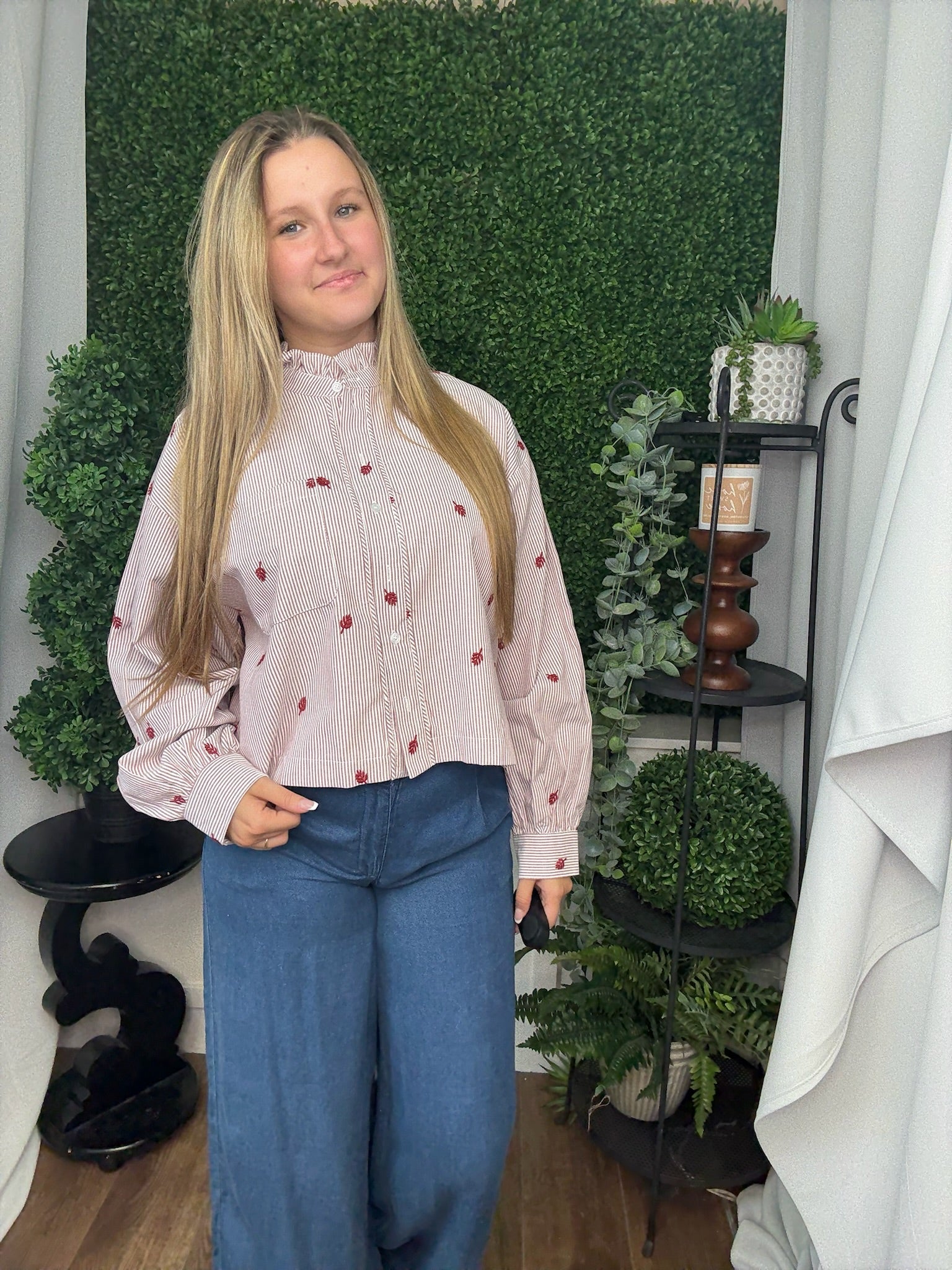 EMBROIDERED MOCK NECK STRIPED BUTTON UP TOP - AMBER STRIPE