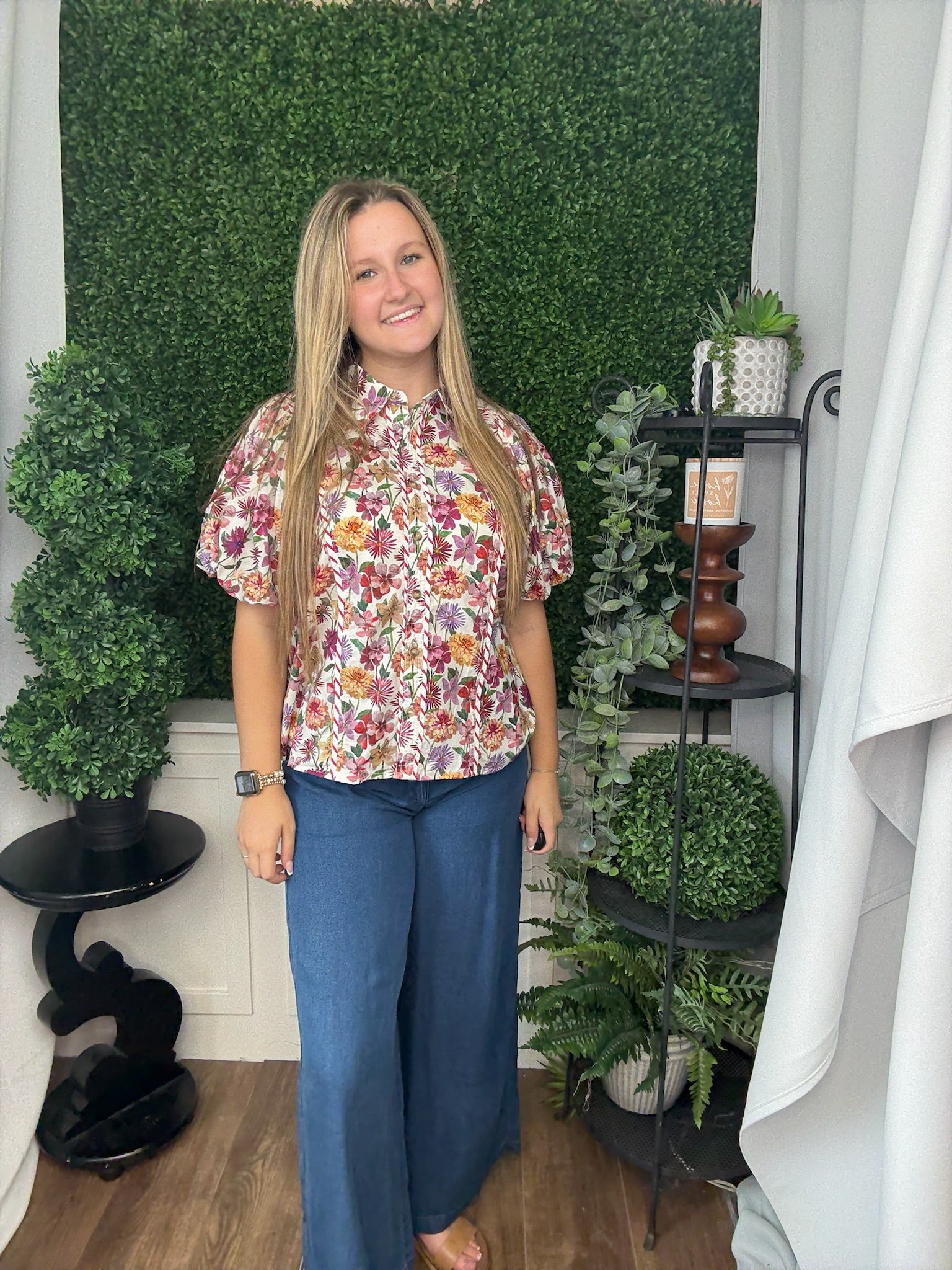 FLORAL PRINT PUFF SLEEVE TOP - PLUM