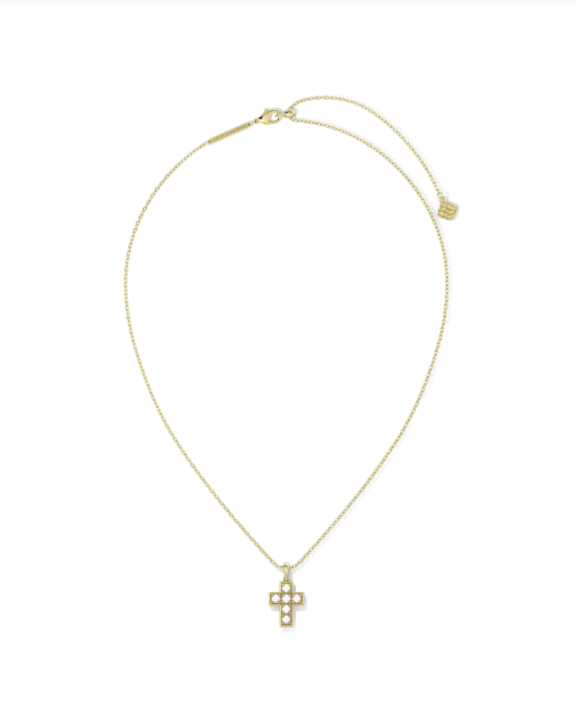 PEARL CROSS SHORT PENDANT NECKLACE - GOLD WHITE PEARL