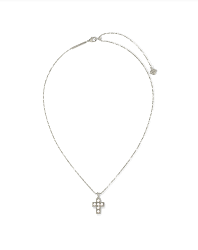 PEARL CROSS SHORT PENDANT NECKLACE - SILVER WHITE PEARL