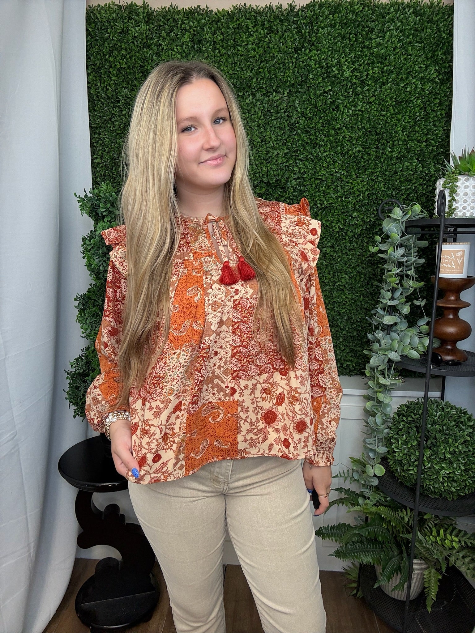 PATCHWORK PRINT SMOCKED RUFFLE BLOUSE - RUST MULTI FLORAL