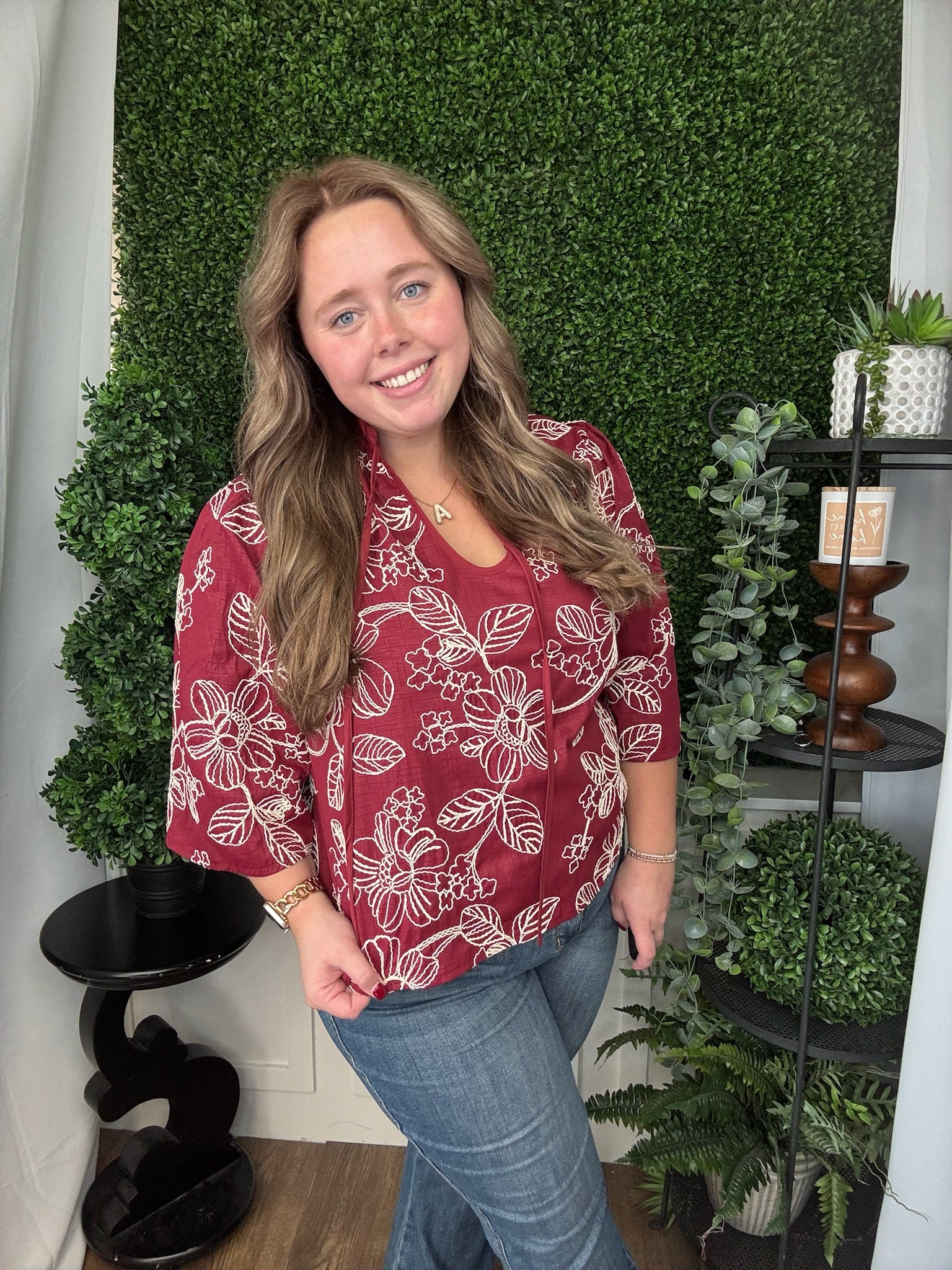 V-NECK WIDE SLV BLOUSE - BURGUNDY