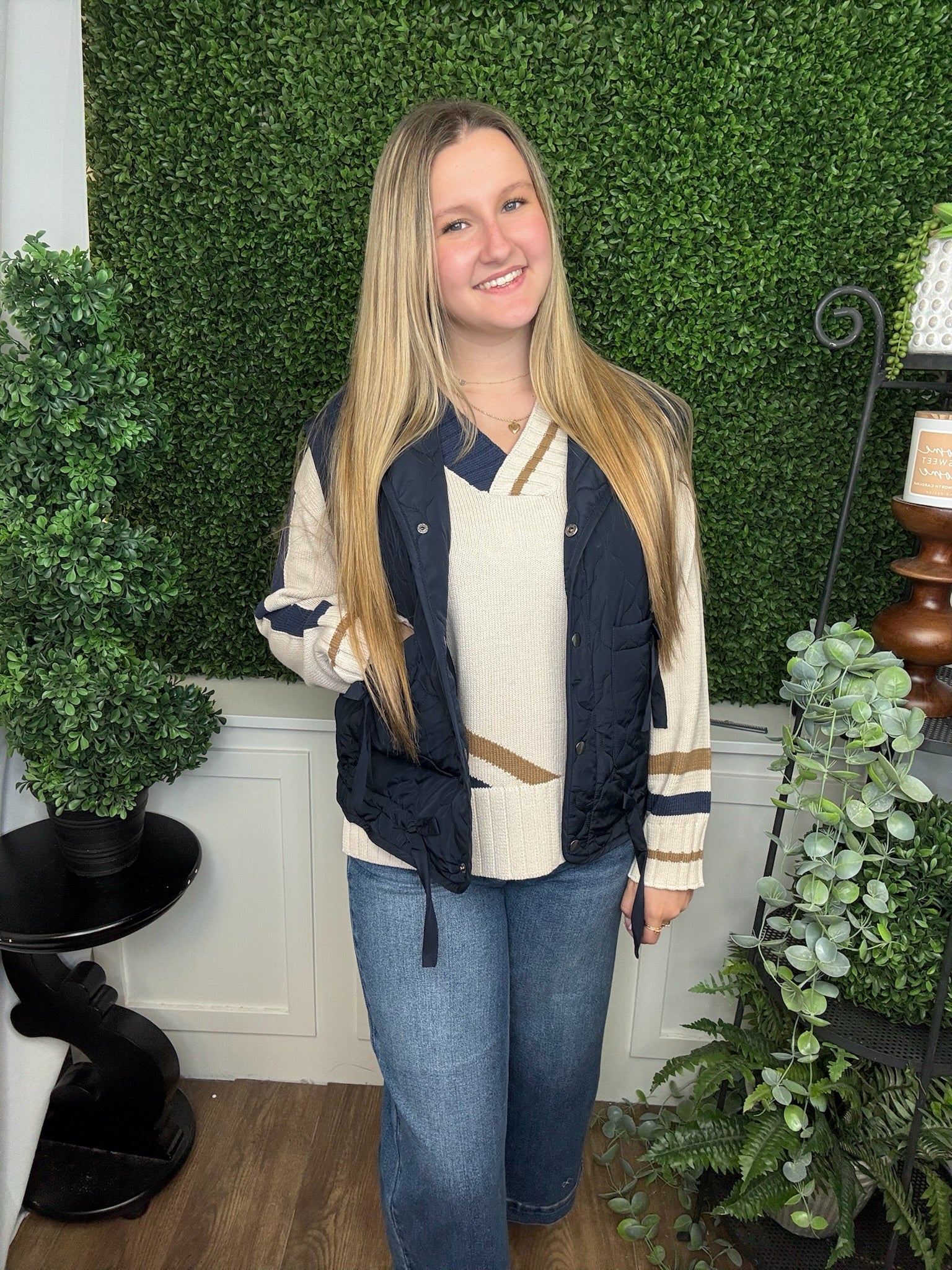 TIE DETAIL SNAP DOWN QUILTED PUFFER VEST