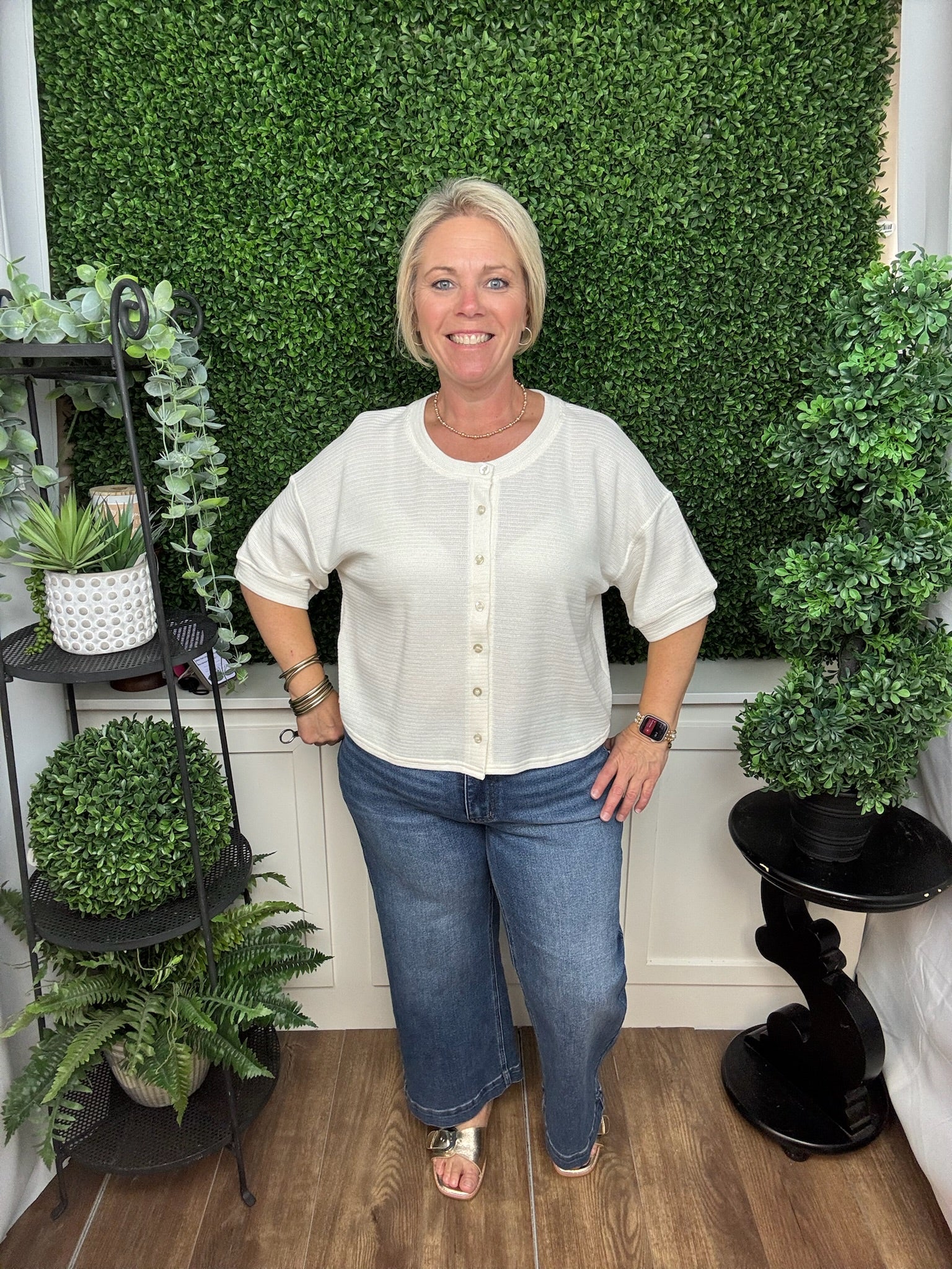 Textured Button-Front Short Sleeve Cardigan Top