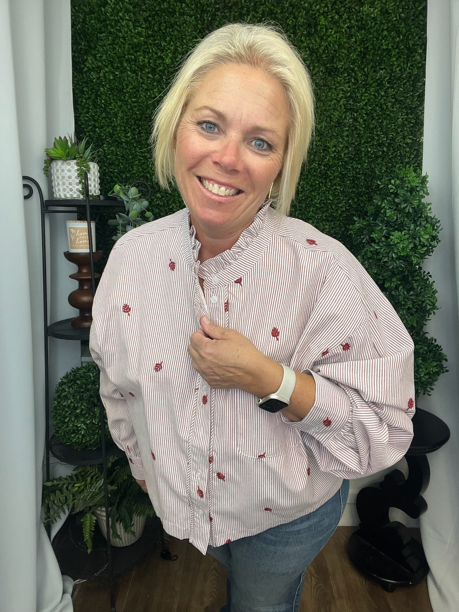 EMBROIDERED MOCK NECK STRIPED BUTTON UP TOP - AMBER STRIPE