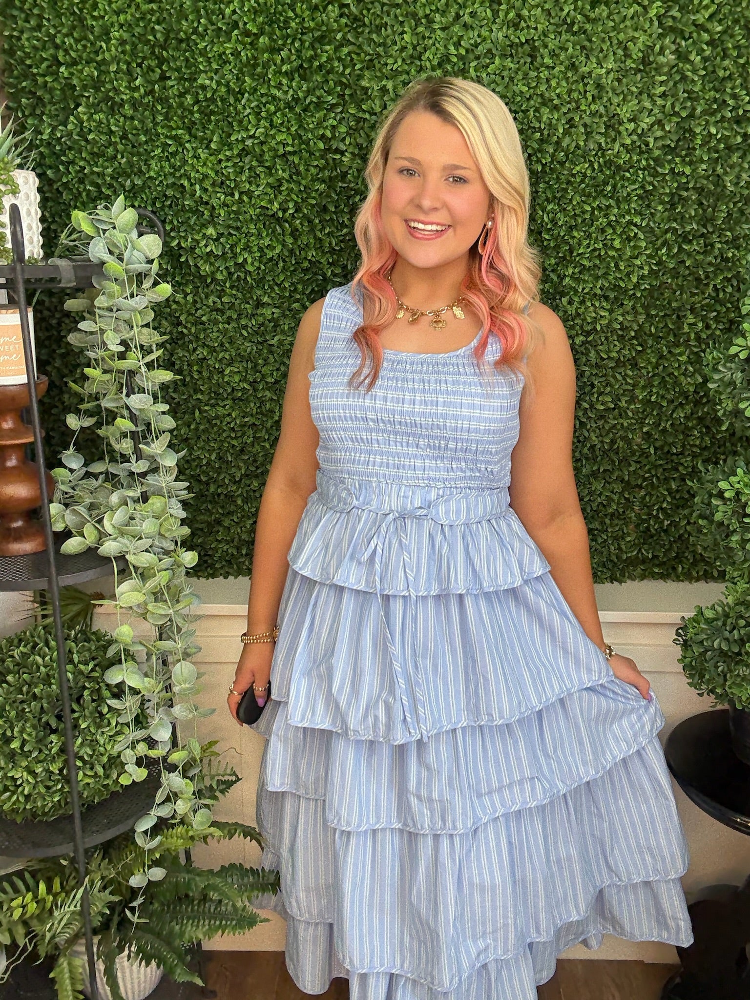 STRIPED TIERED RUFFLE MIDI DRESS - LT BLUE MULTI STRIPE