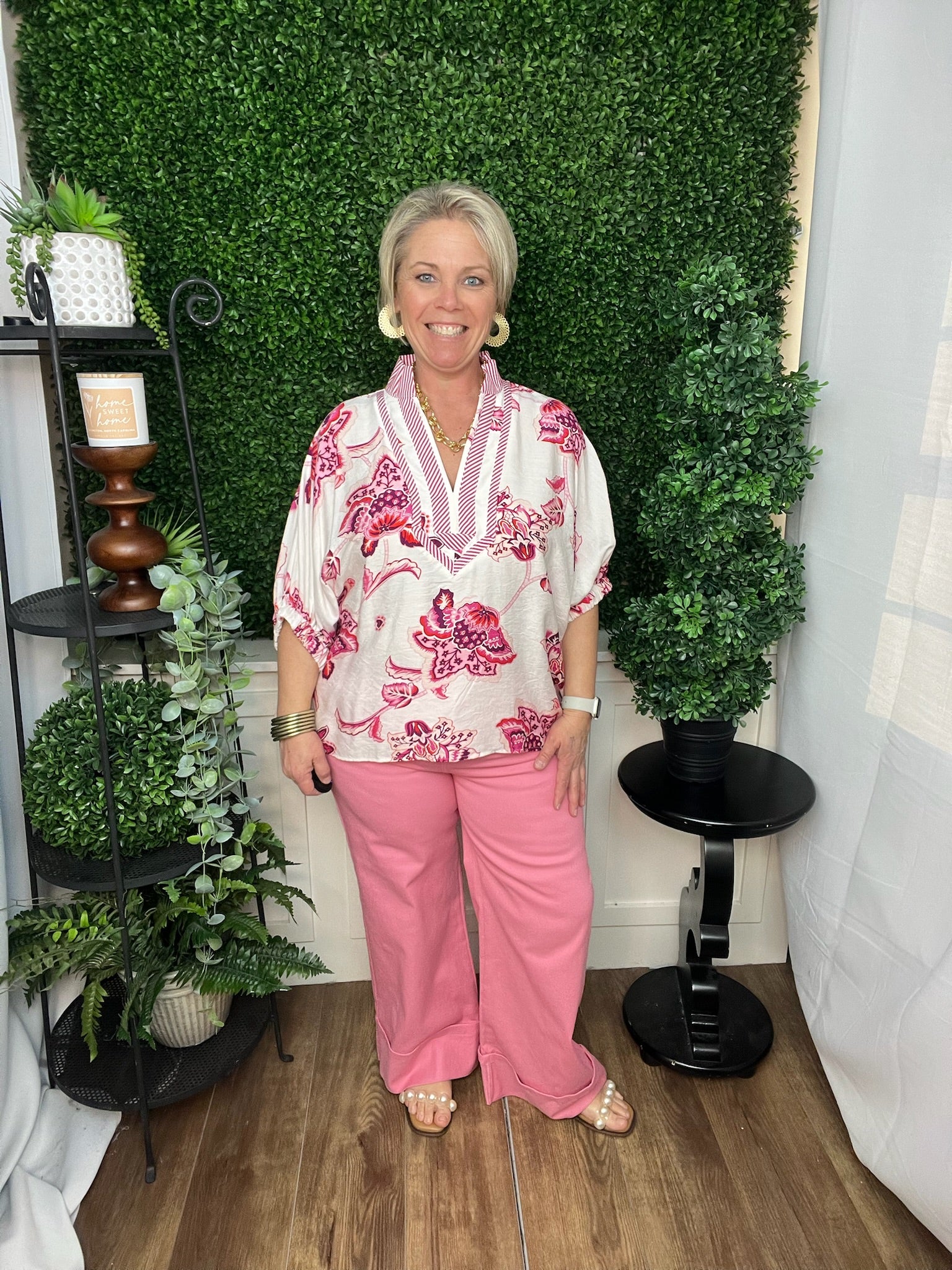 PINK FLORAL PUFF SLEEVE TOP