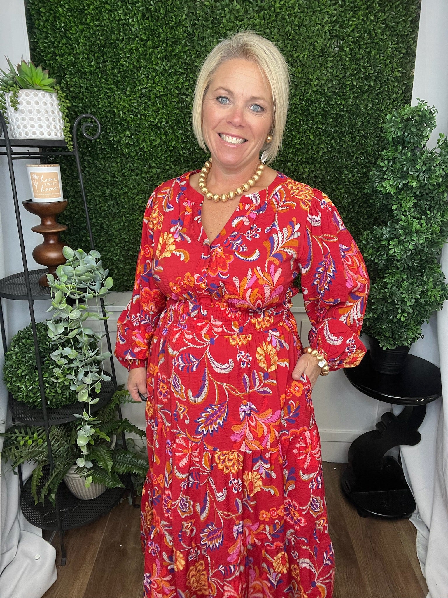 FLORAL PRINTED LS MIDI DRESS W/ELASTIC WAIST - RED