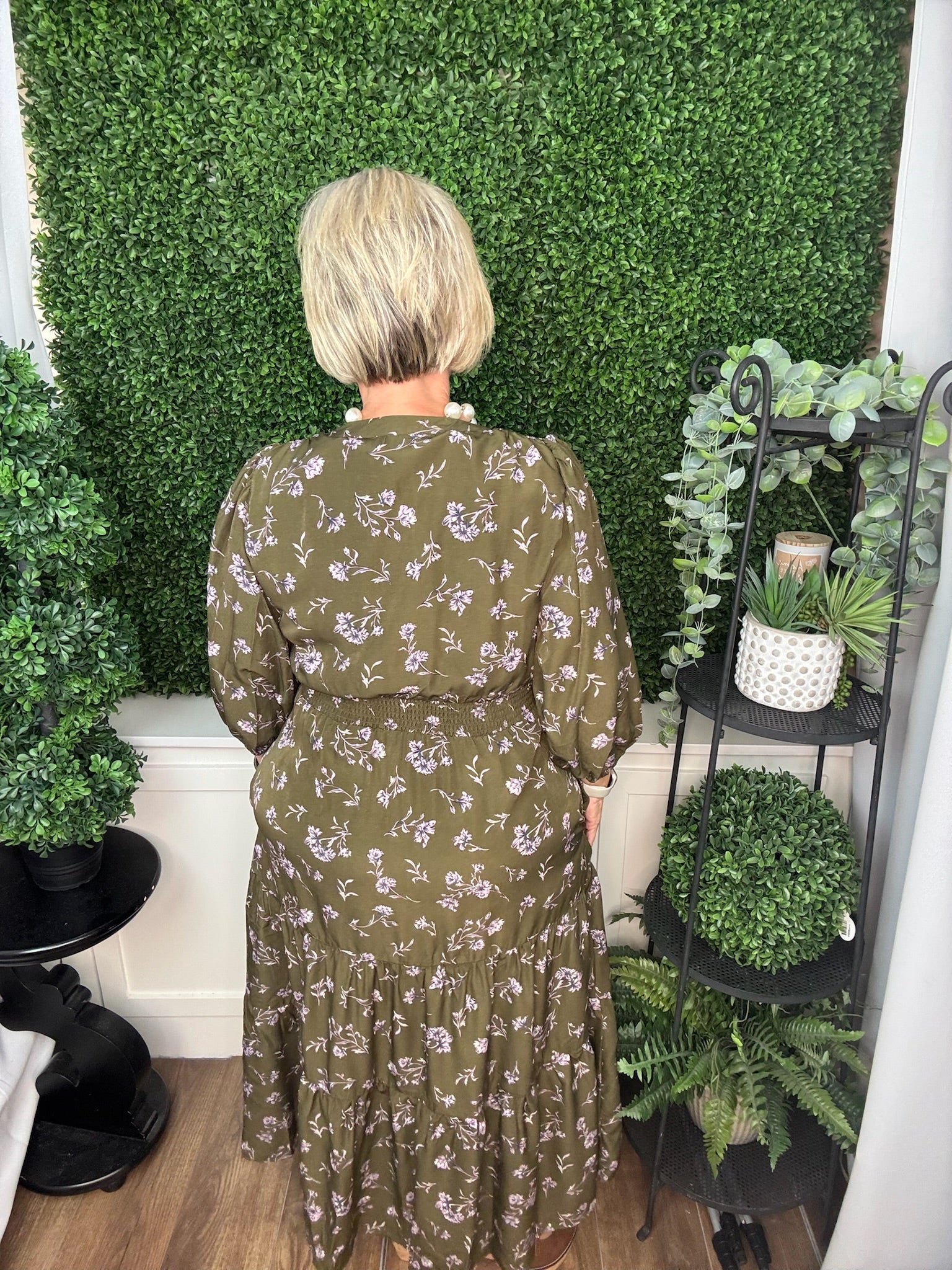 3/4 SLEEVE PRINTED MINI DRESS WITH POCKETS - OLIVE