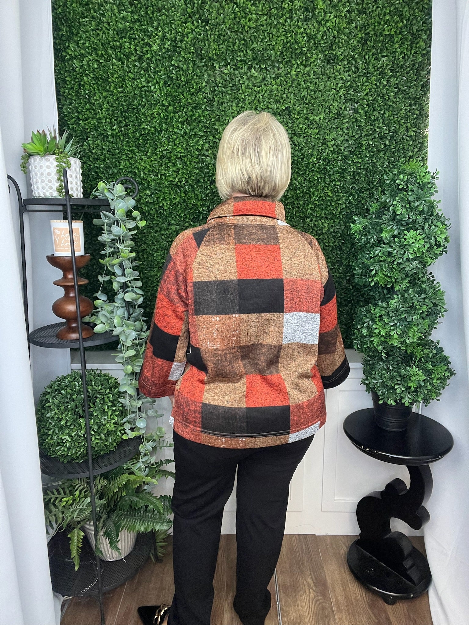 WOVEN POP-OVER TUNIC 3/4 SLEEVES - PLAID MULTI